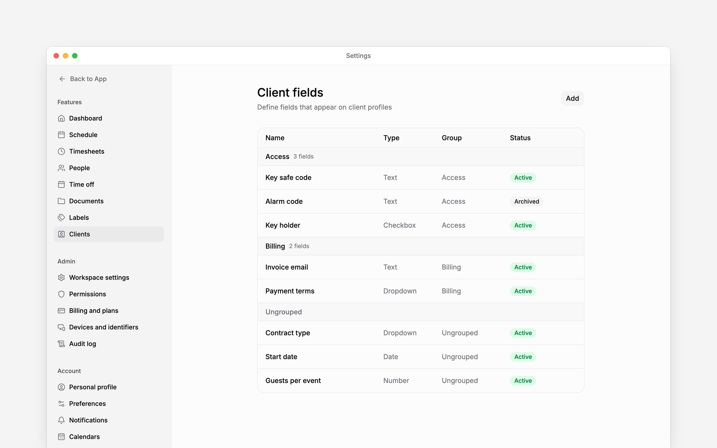 Client fields in Settings: Access and Billing groups with their fields and counts, an archived Alarm code field, and three ungrouped fields