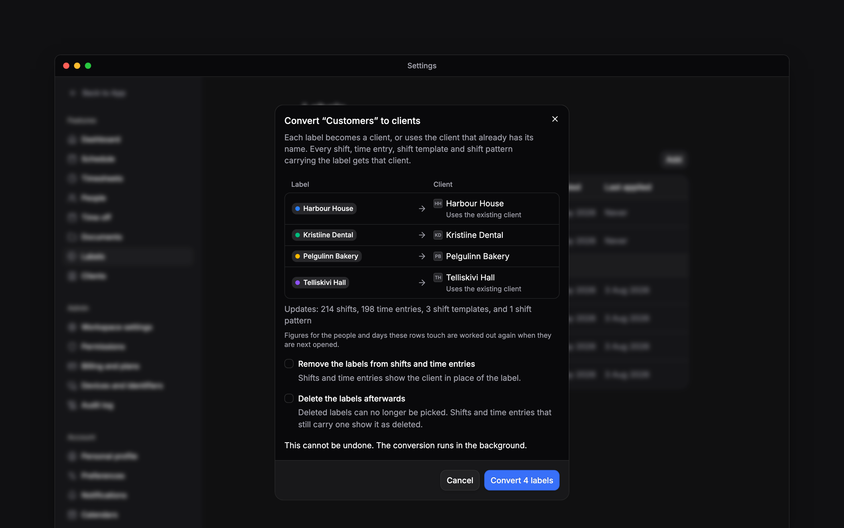 The Convert Customers to clients window over Labels settings: four labels beside the clients they become, two using existing clients, the shifts, time entries, shift templates and shift patterns it updates, and both options off