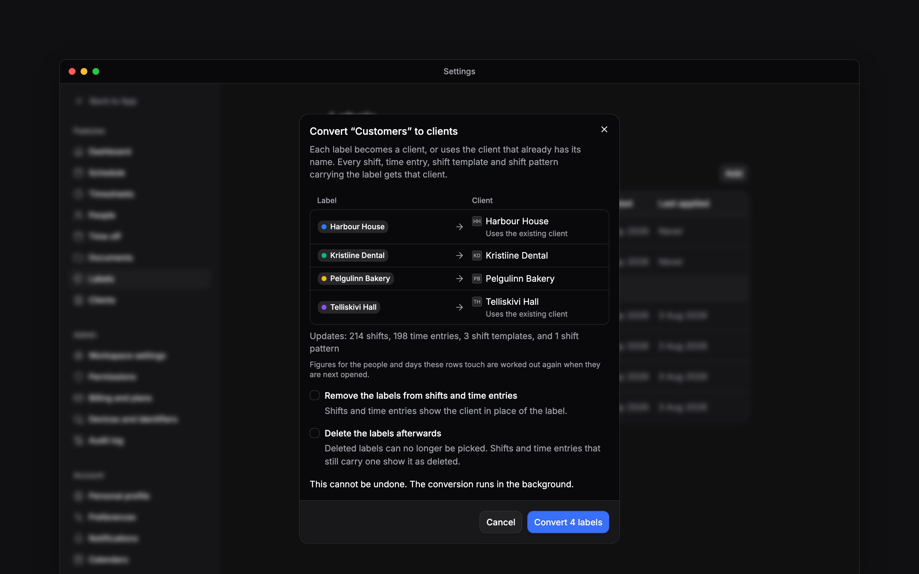 The Convert Customers to clients window over Labels settings: four labels beside the clients they become, two using existing clients, the shifts, time entries, shift templates and shift patterns it updates, and both options off