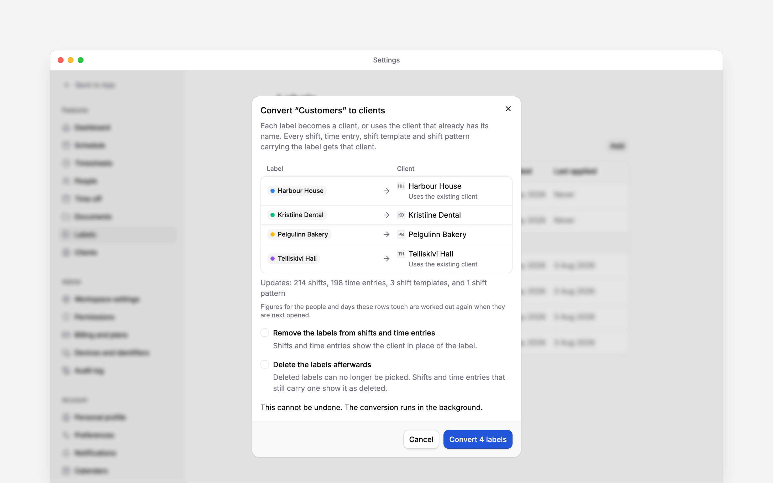The Convert Customers to clients window over Labels settings: four labels beside the clients they become, two using existing clients, the shifts, time entries, shift templates and shift patterns it updates, and both options off