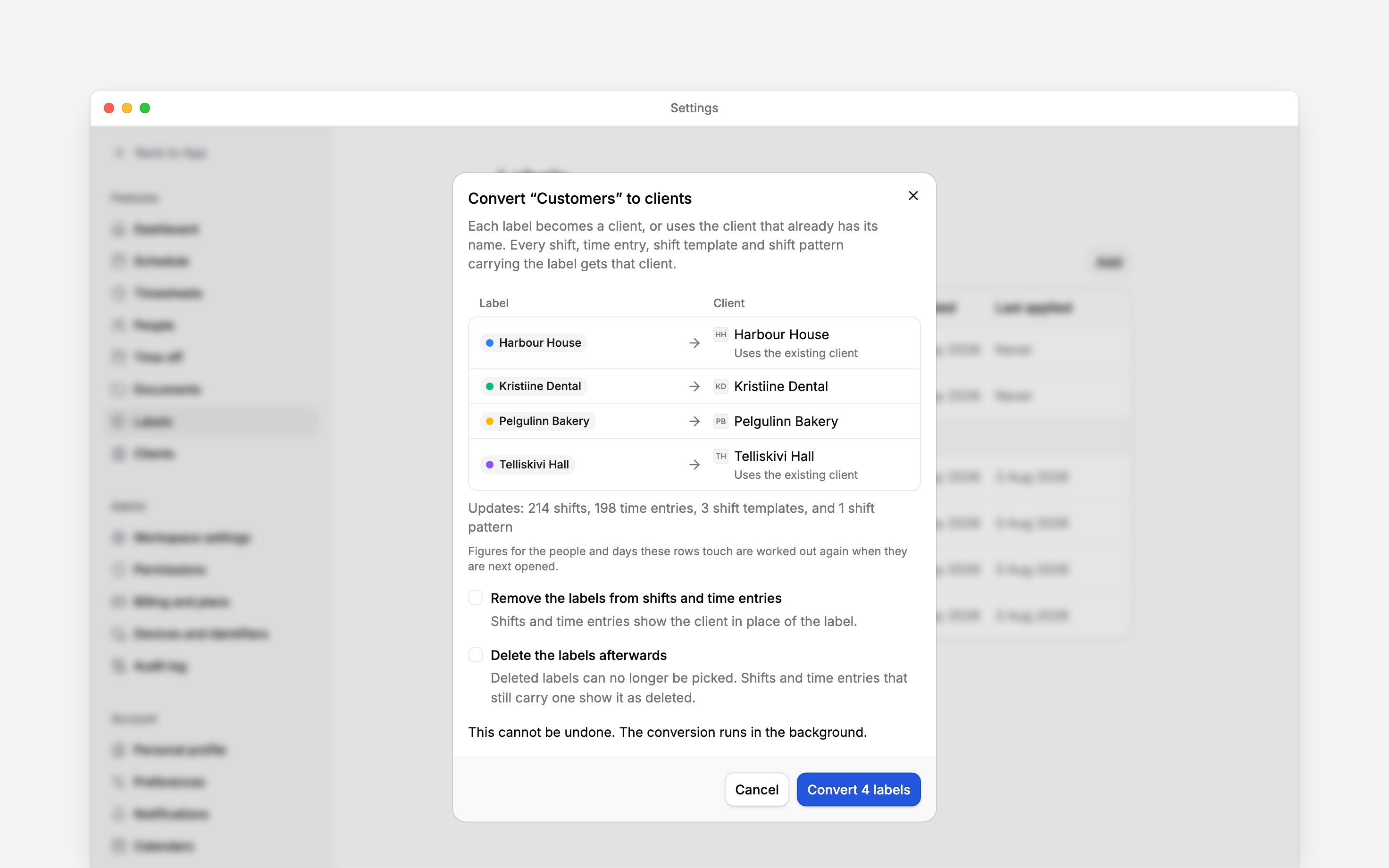 The Convert Customers to clients window over Labels settings: four labels beside the clients they become, two using existing clients, the shifts, time entries, shift templates and shift patterns it updates, and both options off