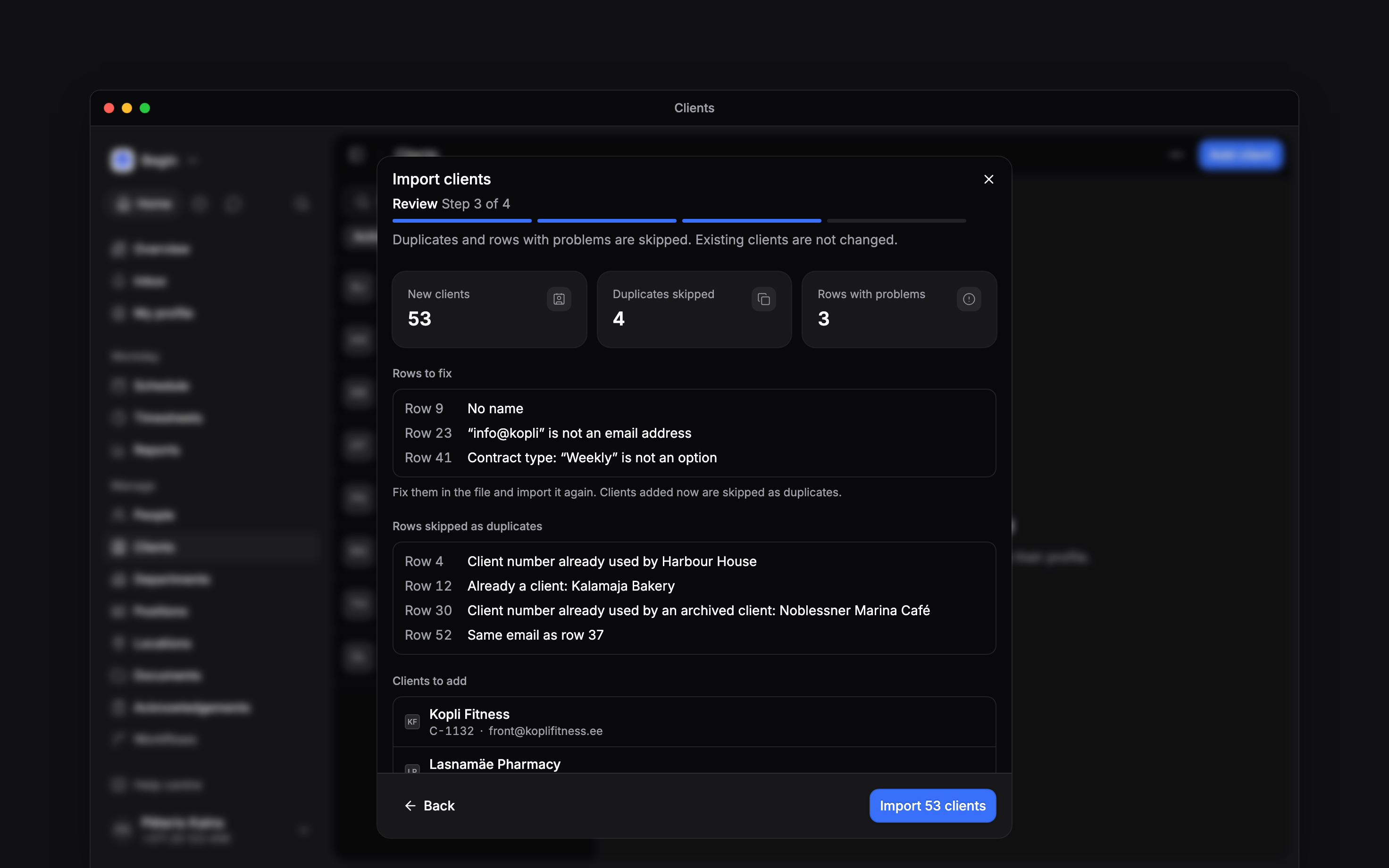 The Import clients window on its Review step: 53 new clients, 4 duplicates skipped and 3 rows with problems, each problem and duplicate listed by row with its reason, above the first clients to add