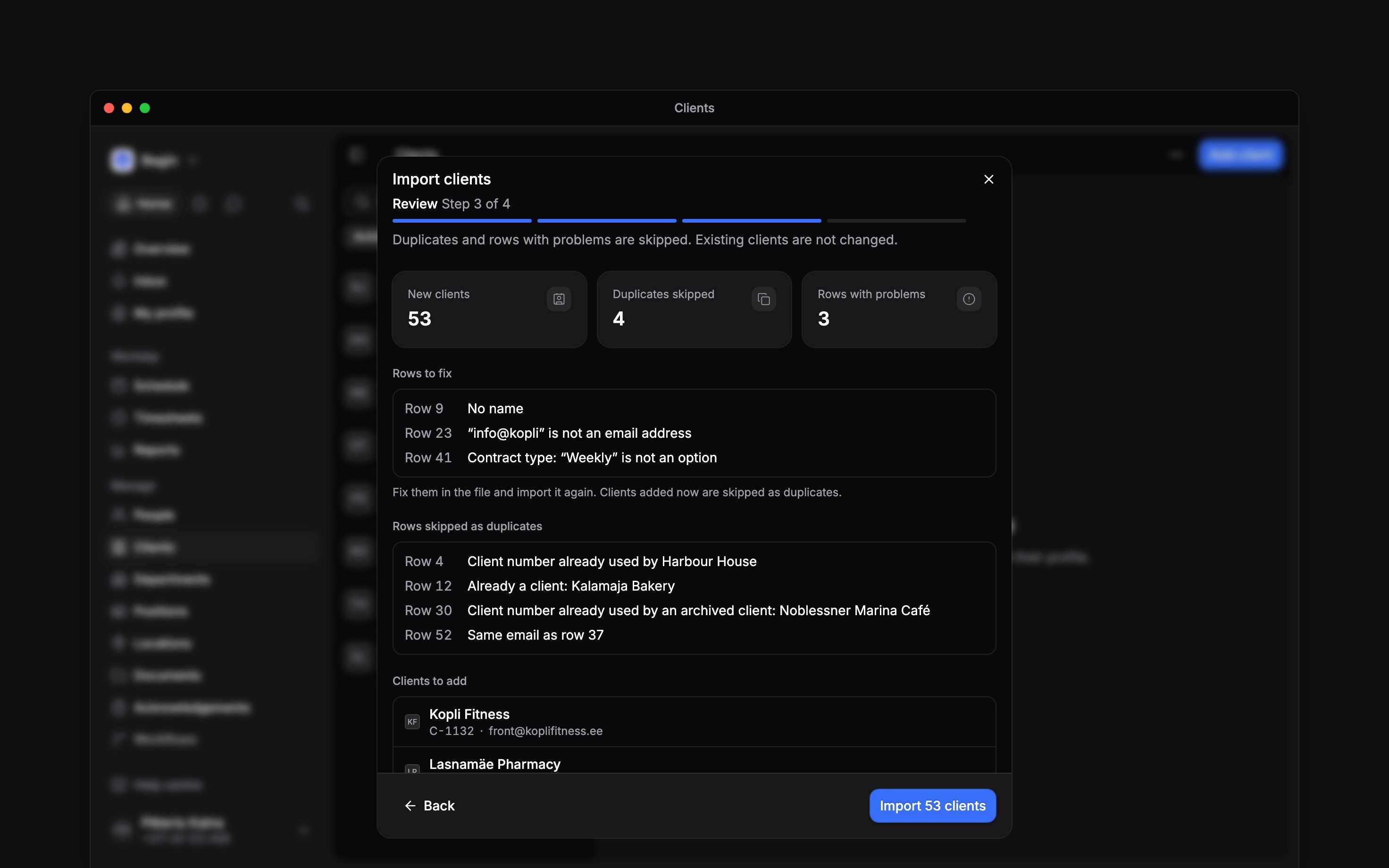 The Import clients window on its Review step: 53 new clients, 4 duplicates skipped and 3 rows with problems, each problem and duplicate listed by row with its reason, above the first clients to add