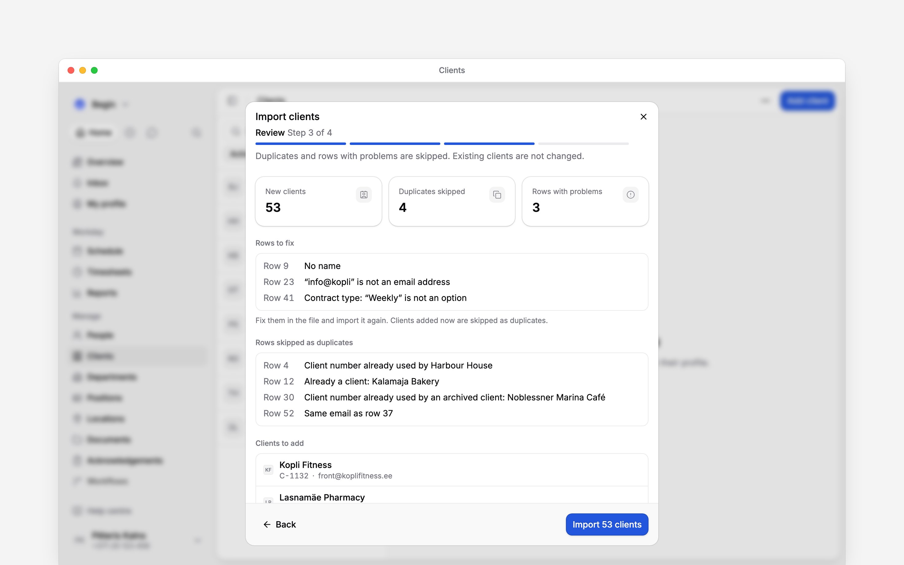 The Import clients window on its Review step: 53 new clients, 4 duplicates skipped and 3 rows with problems, each problem and duplicate listed by row with its reason, above the first clients to add