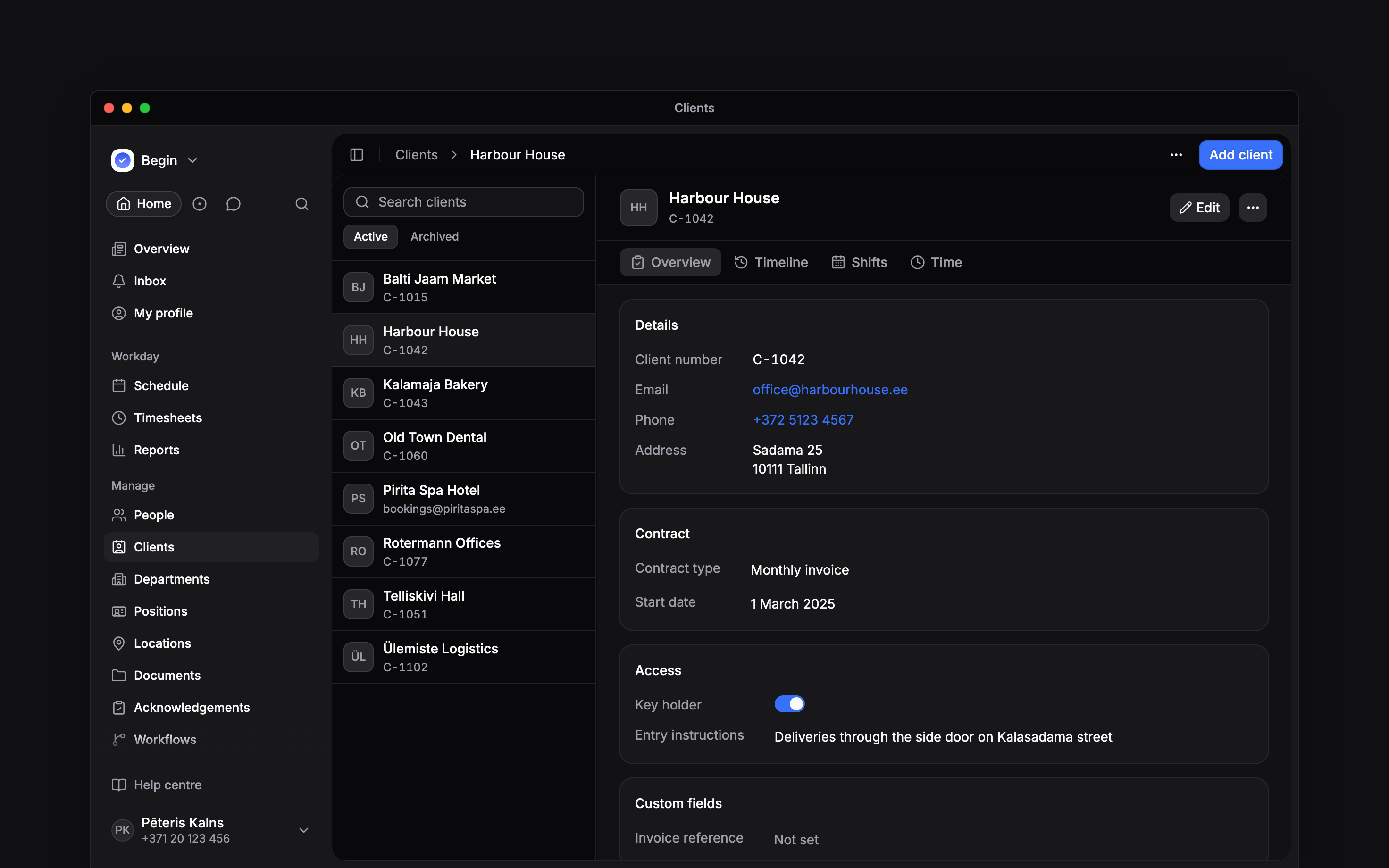 The Clients page with eight clients in the list and Harbour House open on its Overview tab, showing its contact details and two field groups