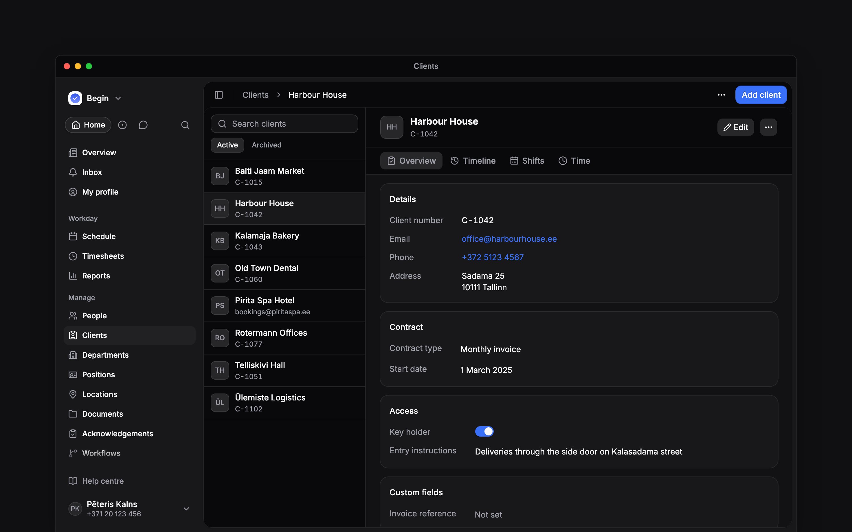 The Clients page with eight clients in the list and Harbour House open on its Overview tab, showing its contact details and two field groups