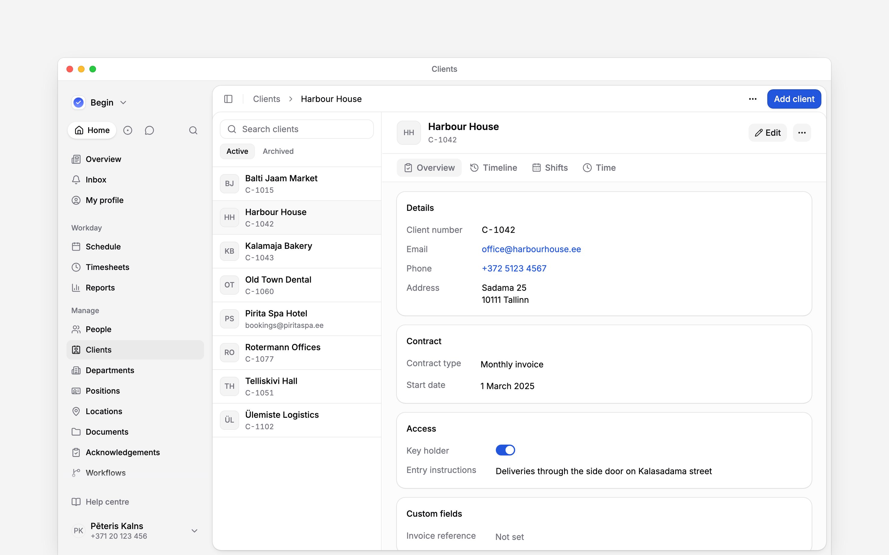 The Clients page with eight clients in the list and Harbour House open on its Overview tab, showing its contact details and two field groups