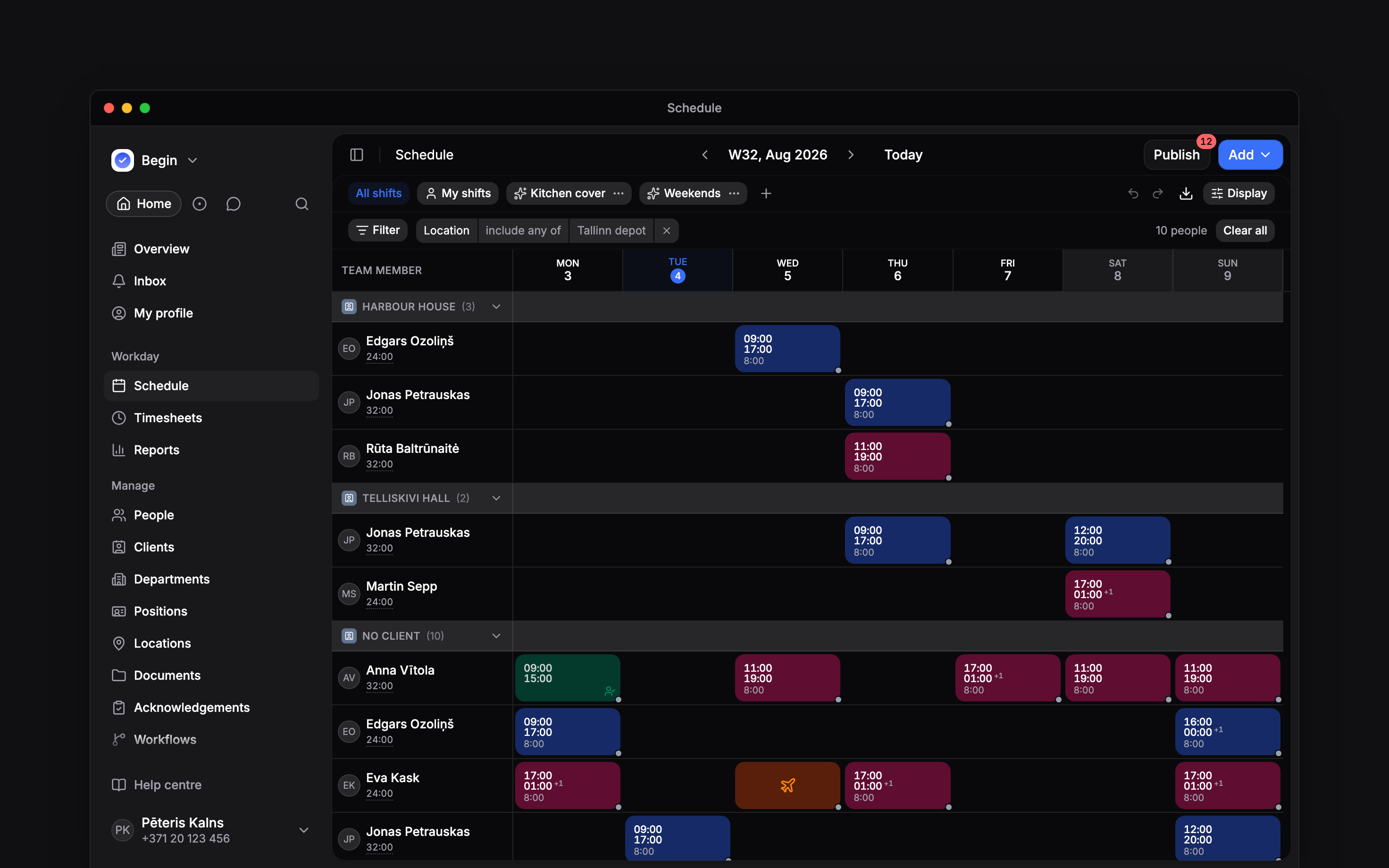 A week of the schedule grouped by client: Harbour House and Telliskivi Hall bands, a shift carrying both clients drawn in each, and No client below them