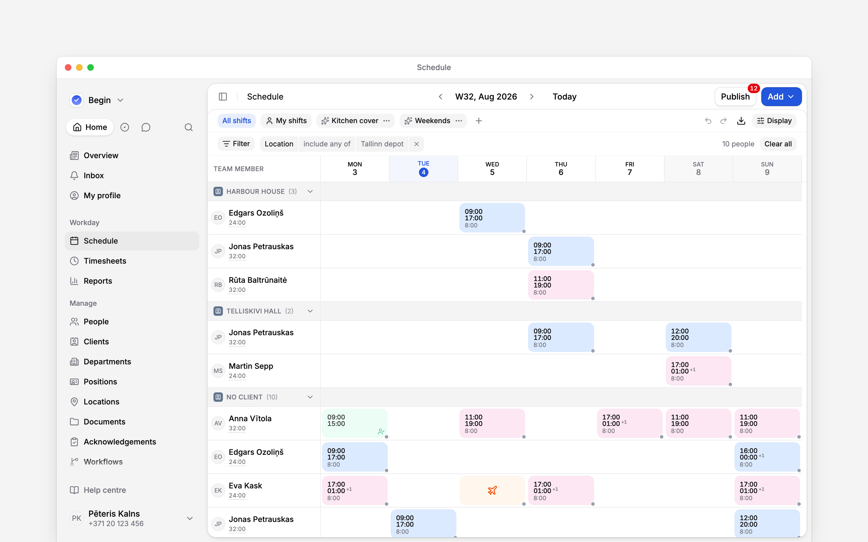 A week of the schedule grouped by client: Harbour House and Telliskivi Hall bands, a shift carrying both clients drawn in each, and No client below them