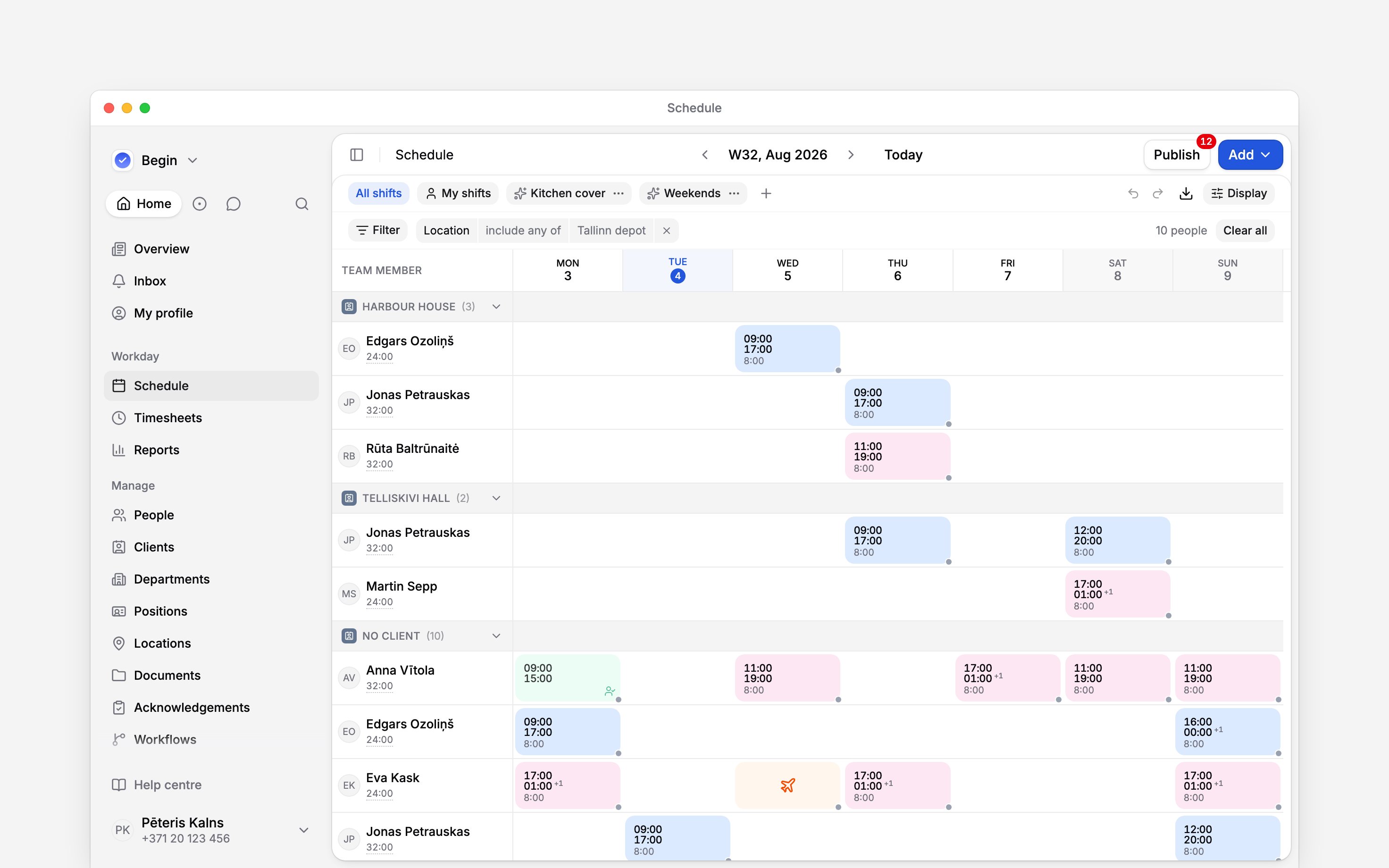 A week of the schedule grouped by client: Harbour House and Telliskivi Hall bands, a shift carrying both clients drawn in each, and No client below them