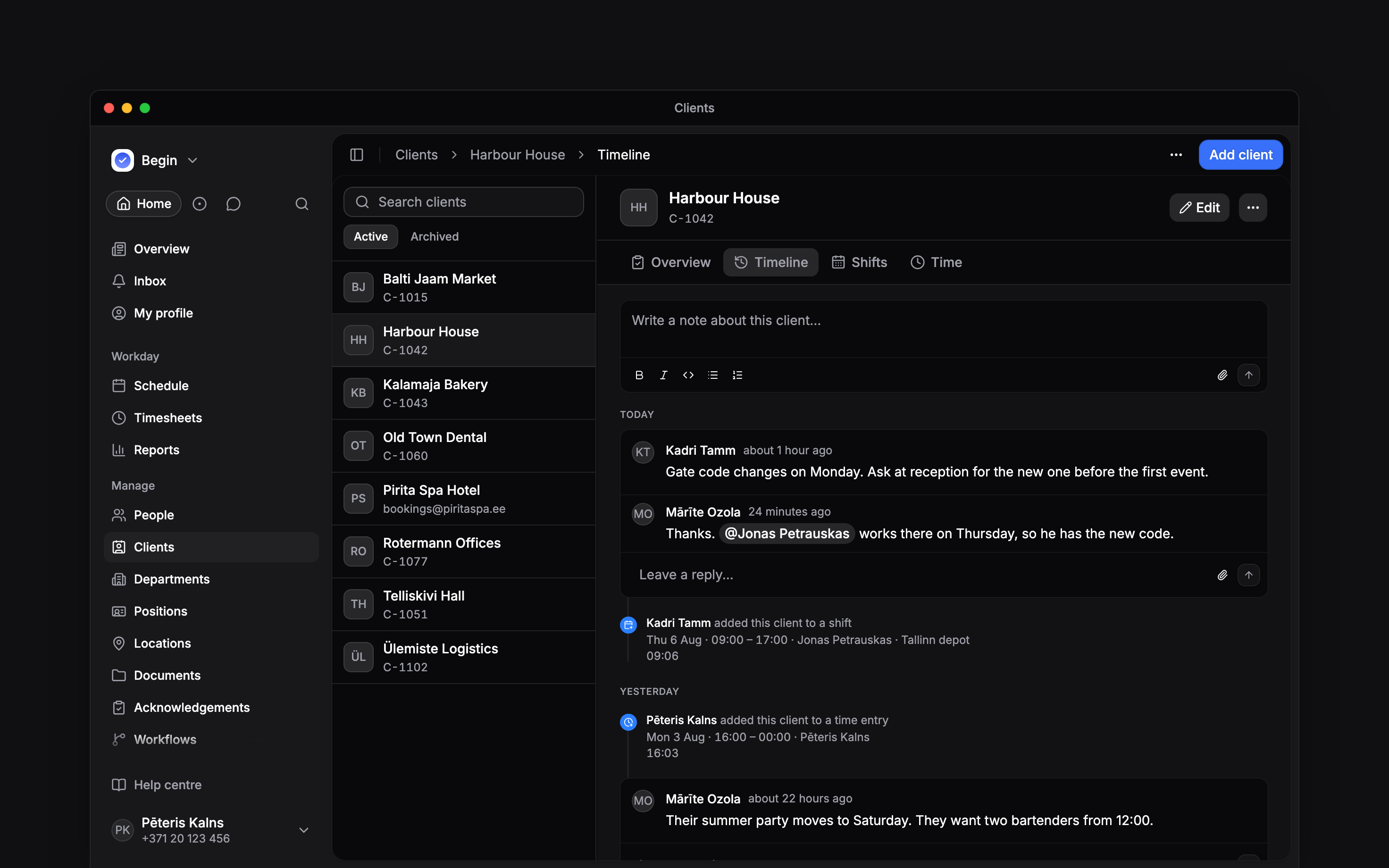 Harbour House's timeline: the note box, then a note about the gate code with a reply mentioning Jonas Petrauskas and a reply box, history rows, and a second note under Yesterday