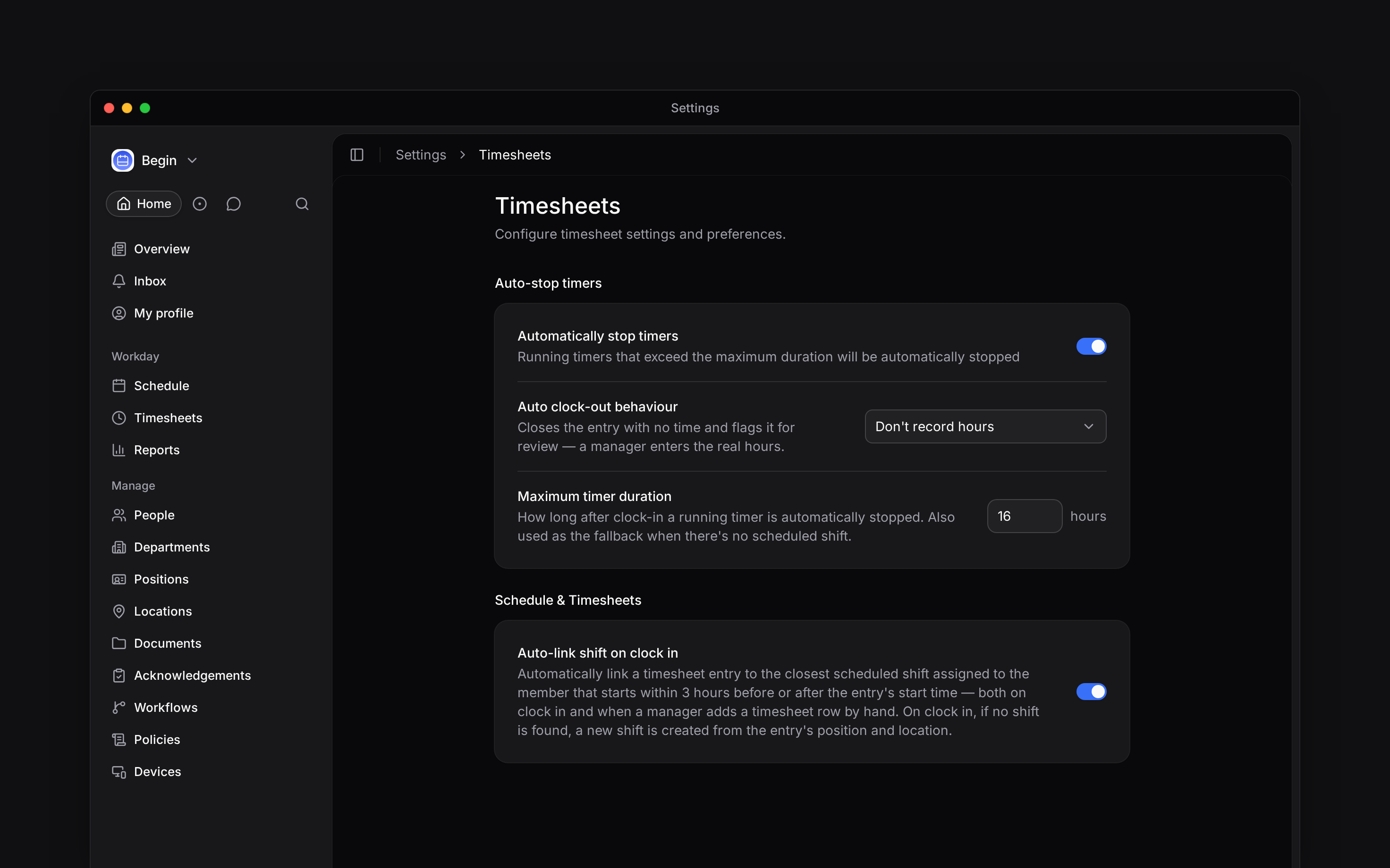 Settings, Timesheets: automatically stop timers switched on, auto clock-out behaviour set to do not record hours, a sixteen-hour maximum, and the auto-link shift switch