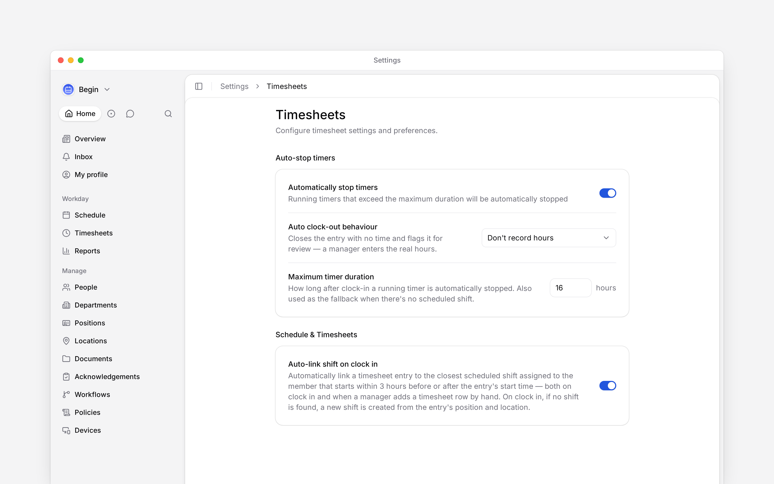 Settings, Timesheets: automatically stop timers switched on, auto clock-out behaviour set to do not record hours, a sixteen-hour maximum, and the auto-link shift switch