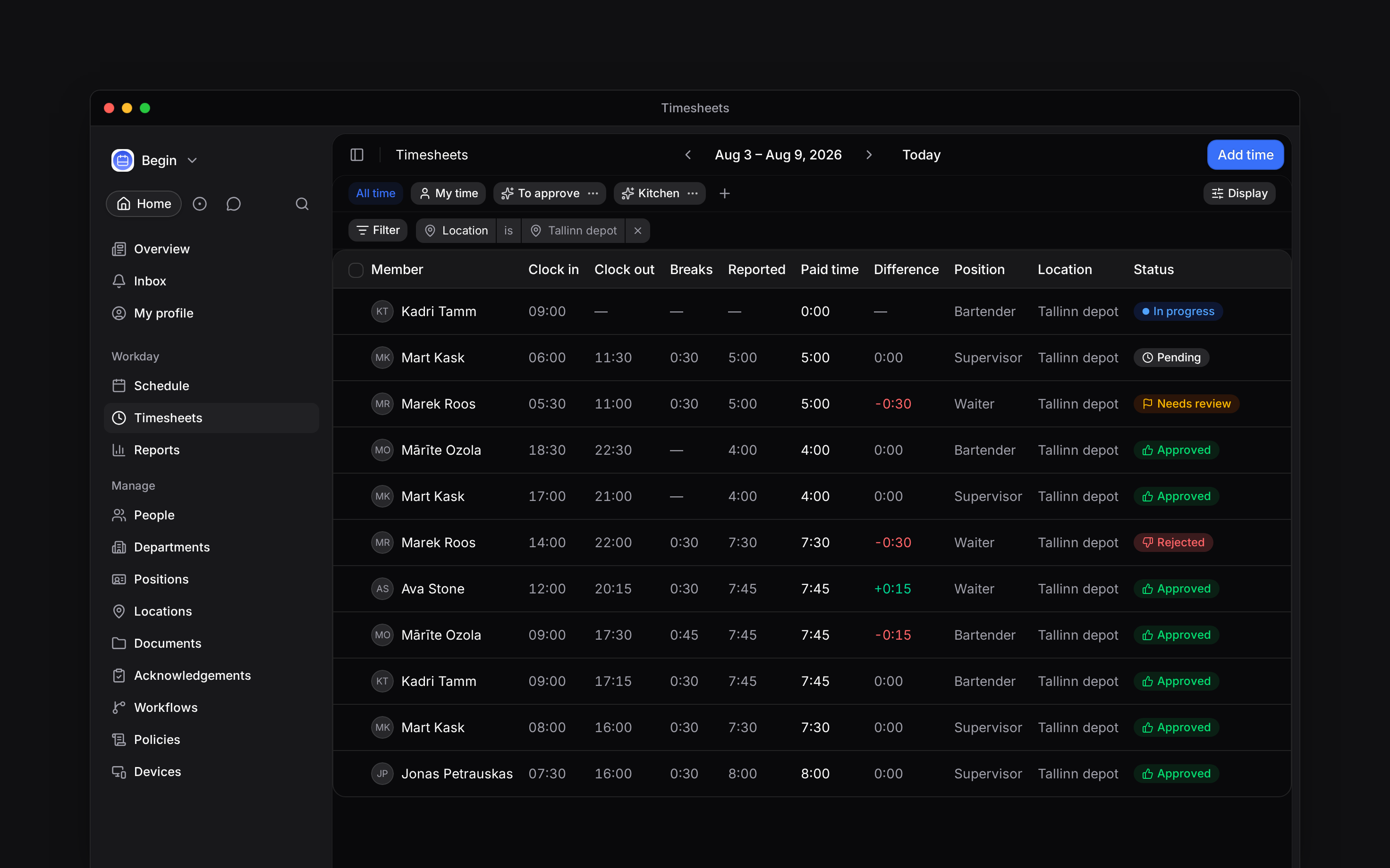 A week of time entries: clock in, clock out, breaks, reported and paid hours, with In progress, Needs review, Pending, Approved and Rejected rows