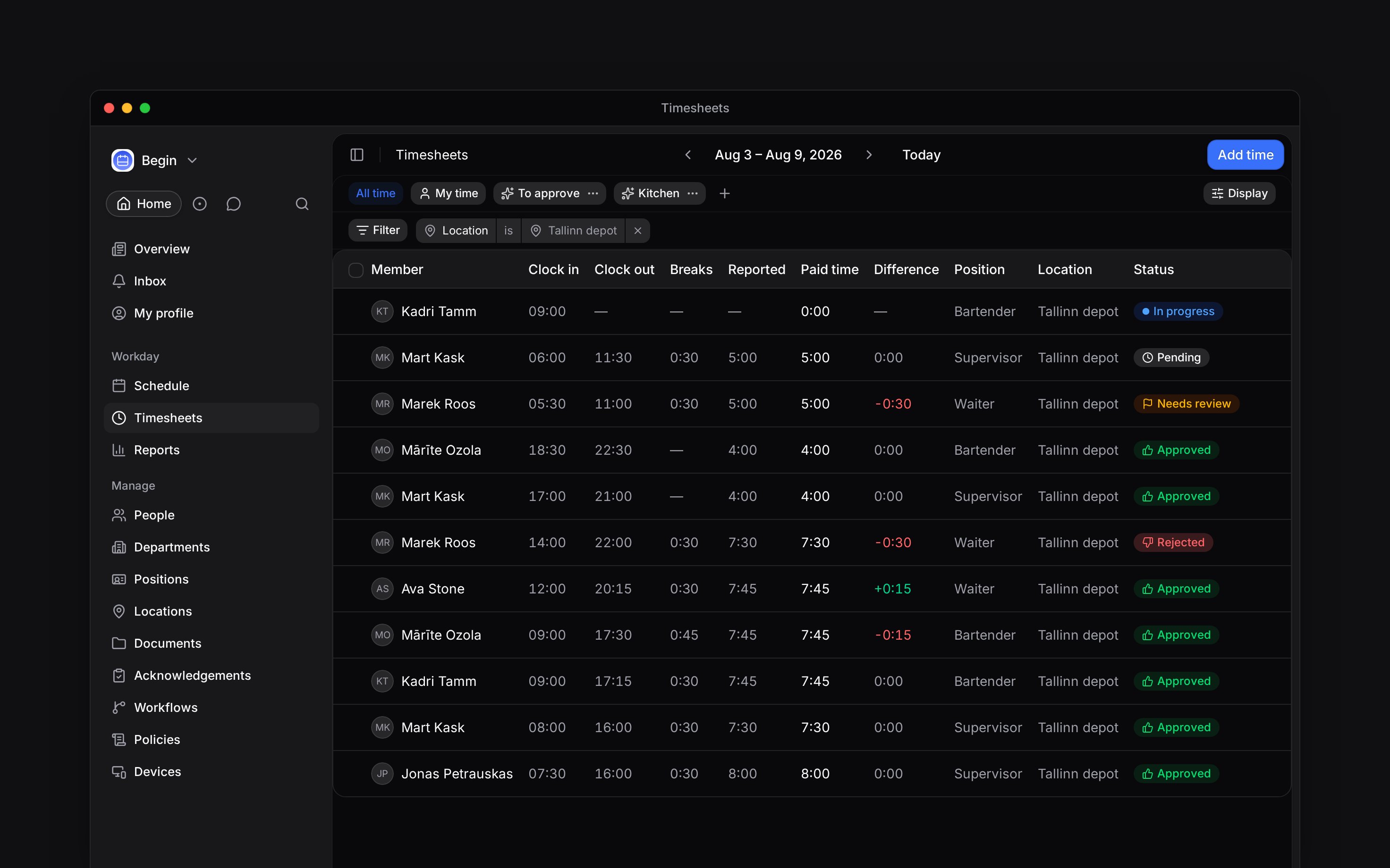 A week of time entries: clock in, clock out, breaks, reported and paid hours, with In progress, Needs review, Pending, Approved and Rejected rows