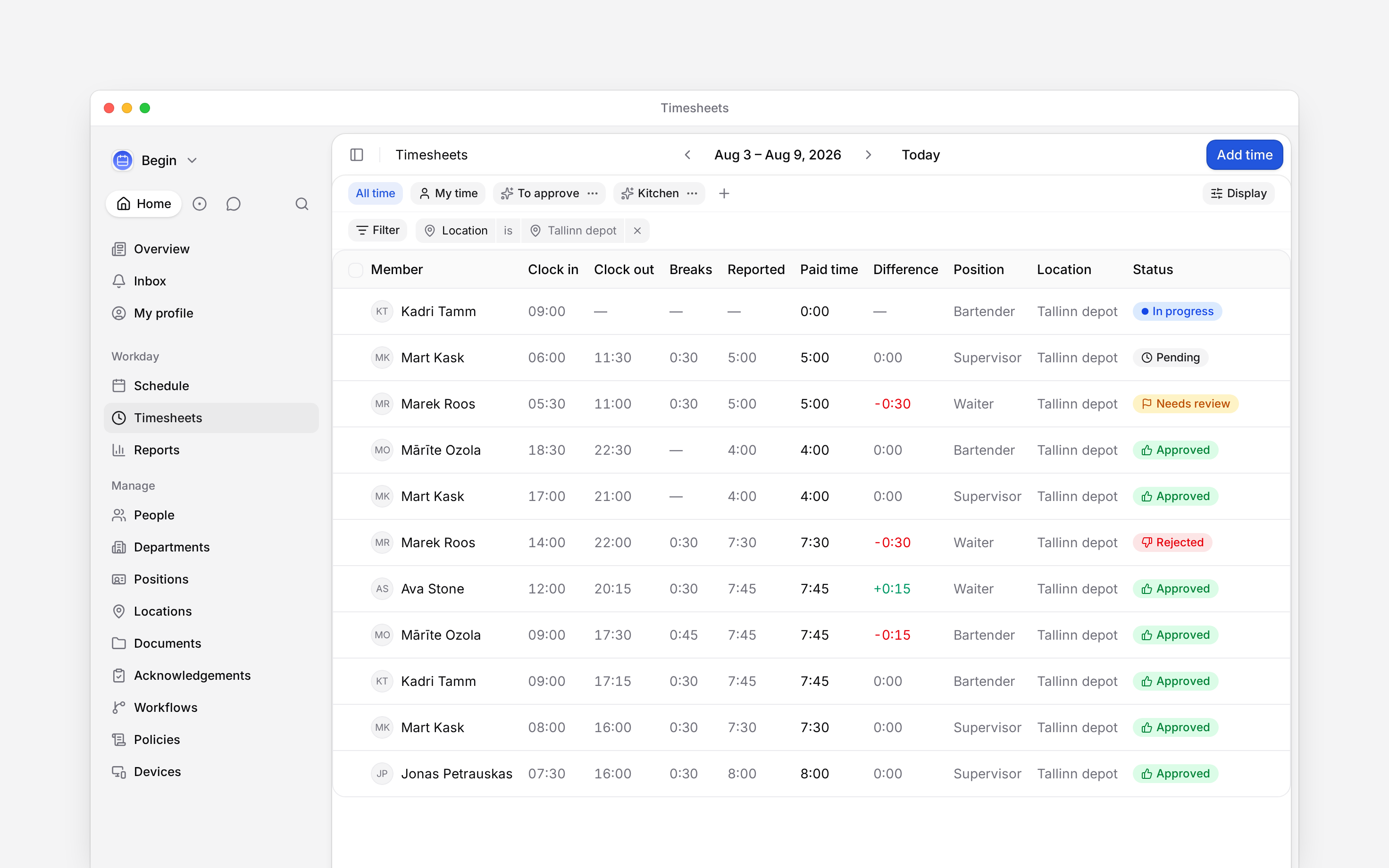 A week of time entries: clock in, clock out, breaks, reported and paid hours, with In progress, Needs review, Pending, Approved and Rejected rows