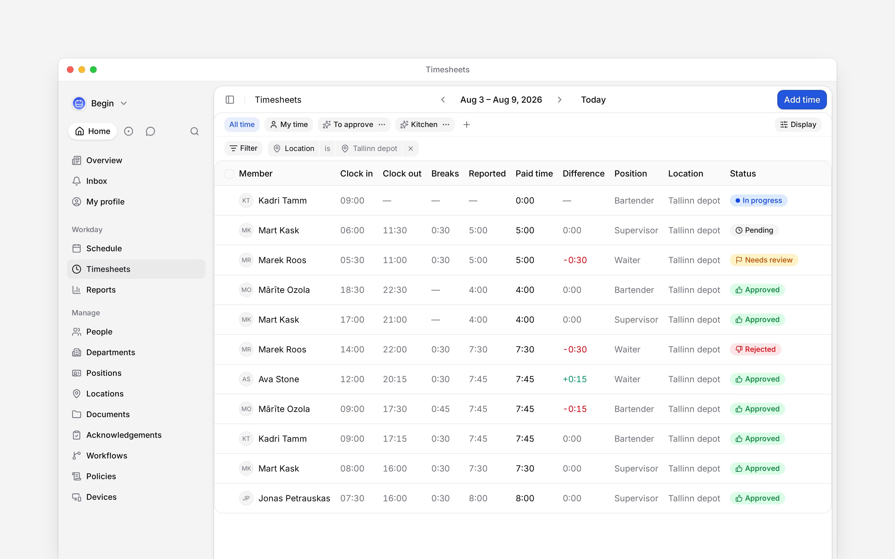 A week of time entries: clock in, clock out, breaks, reported and paid hours, with In progress, Needs review, Pending, Approved and Rejected rows