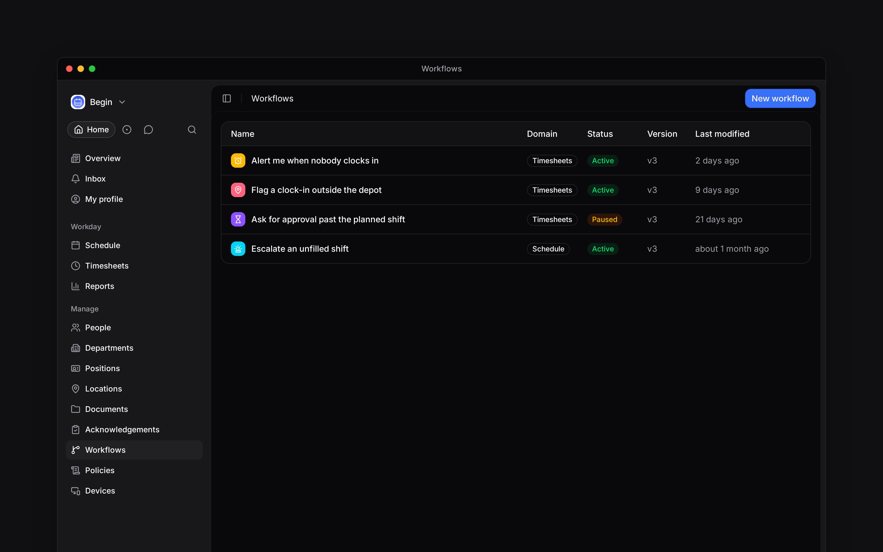 The workflows list: three timesheet workflows and one schedule one, each with its domain, its active or paused status and when it was last modified