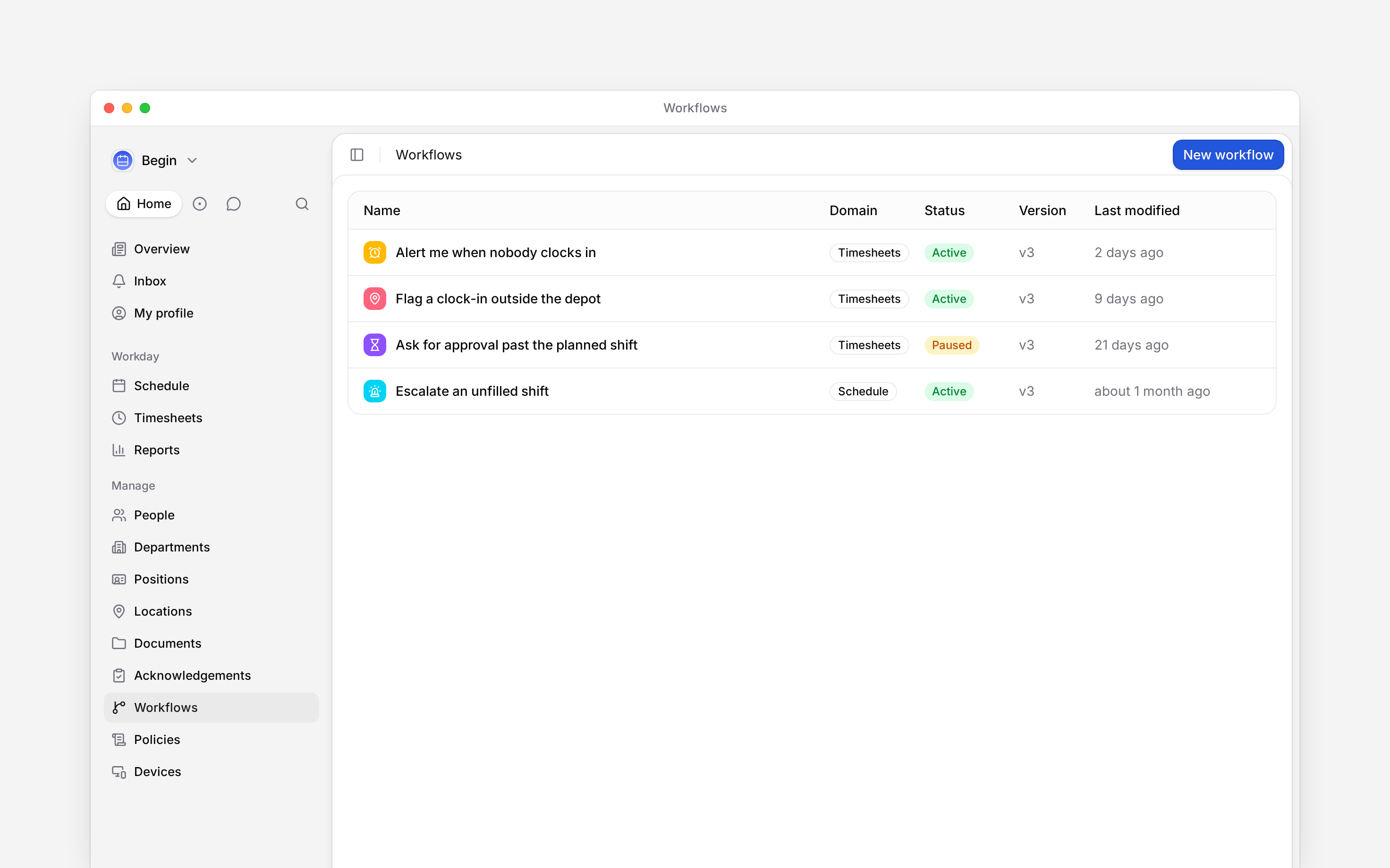 The workflows list: three timesheet workflows and one schedule one, each with its domain, its active or paused status and when it was last modified