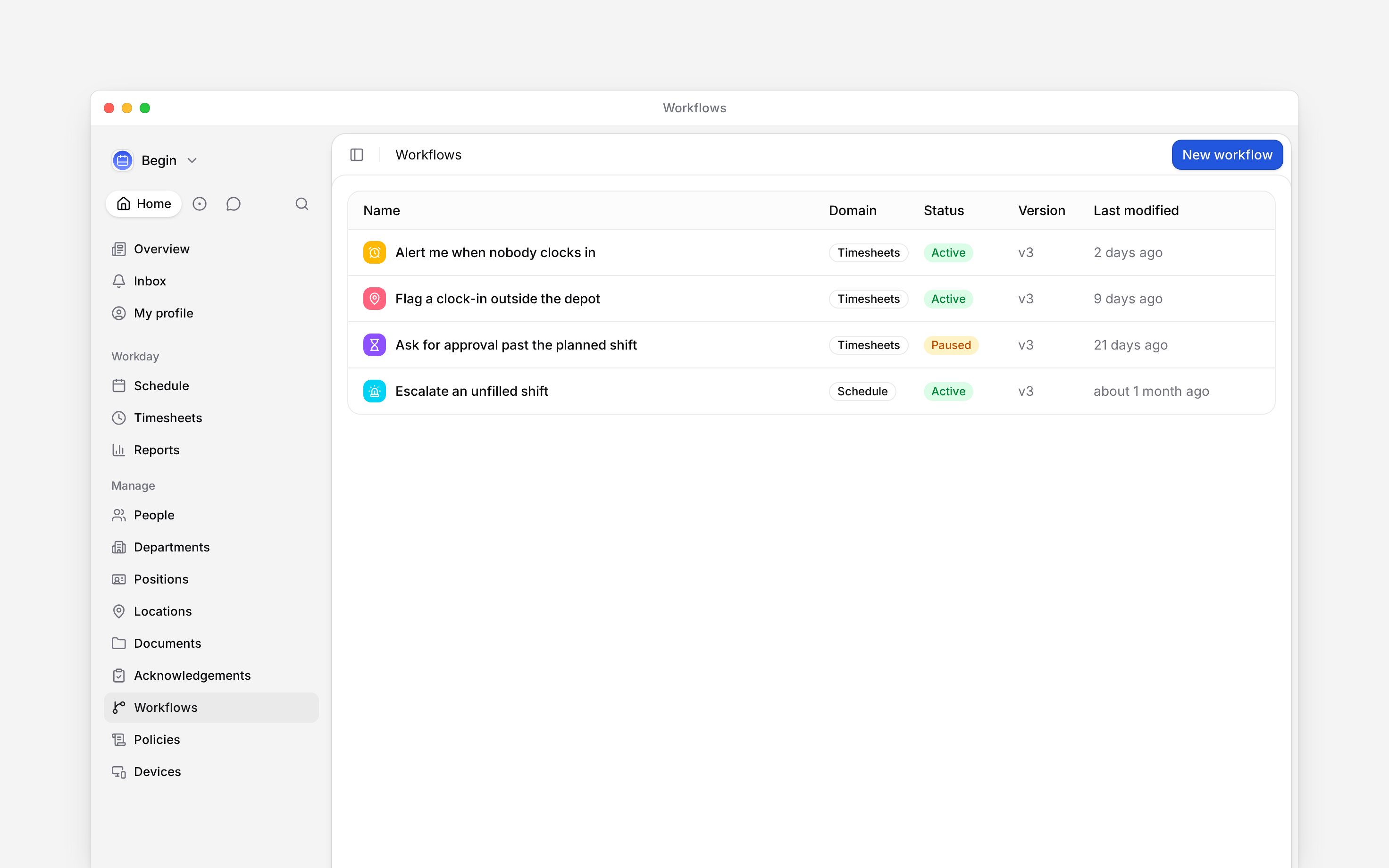 The workflows list: three timesheet workflows and one schedule one, each with its domain, its active or paused status and when it was last modified