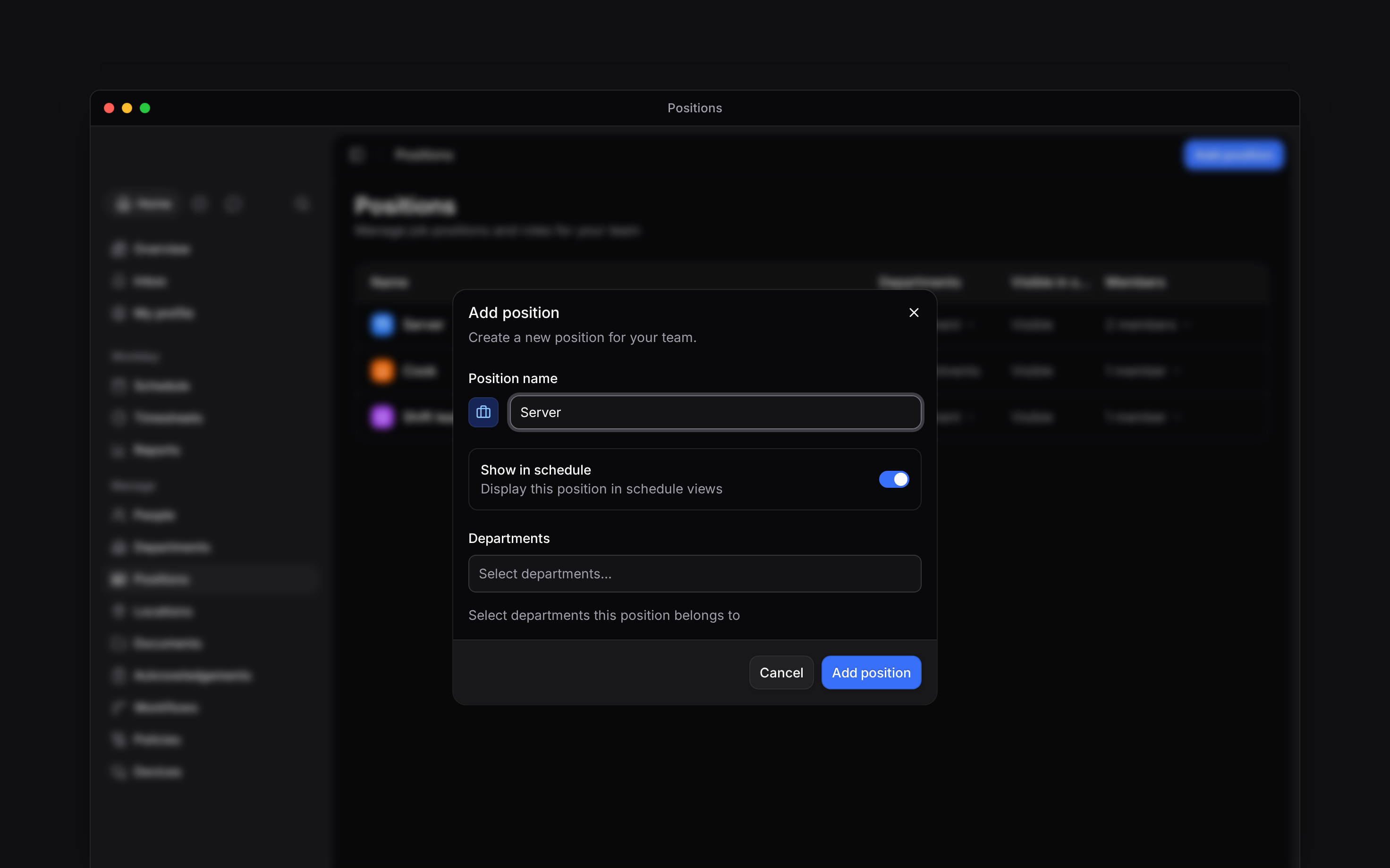The Add position dialog with Server entered, Show in schedule on and the Departments selector below