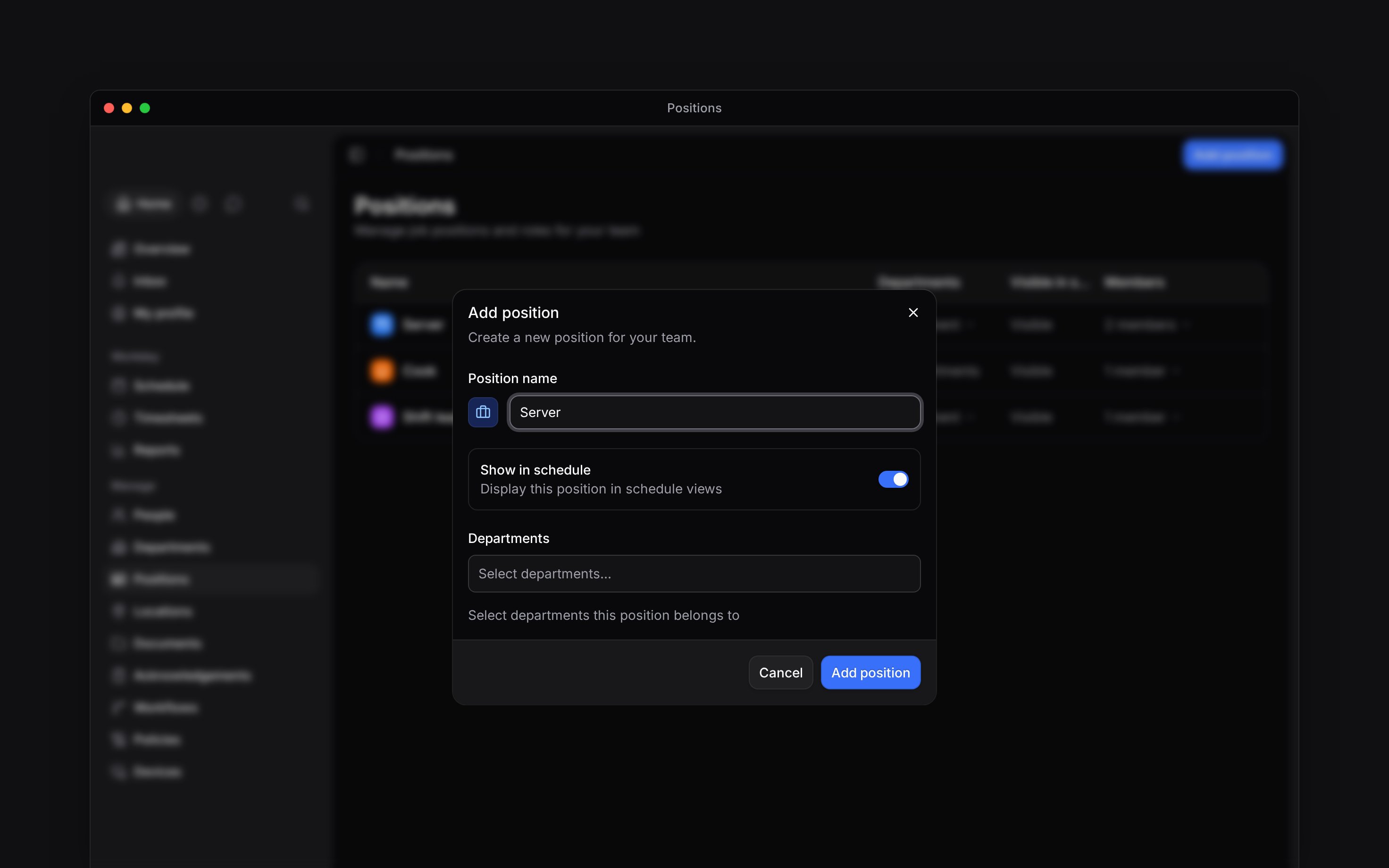 The Add position dialog with Server entered, Show in schedule on and the Departments selector below
