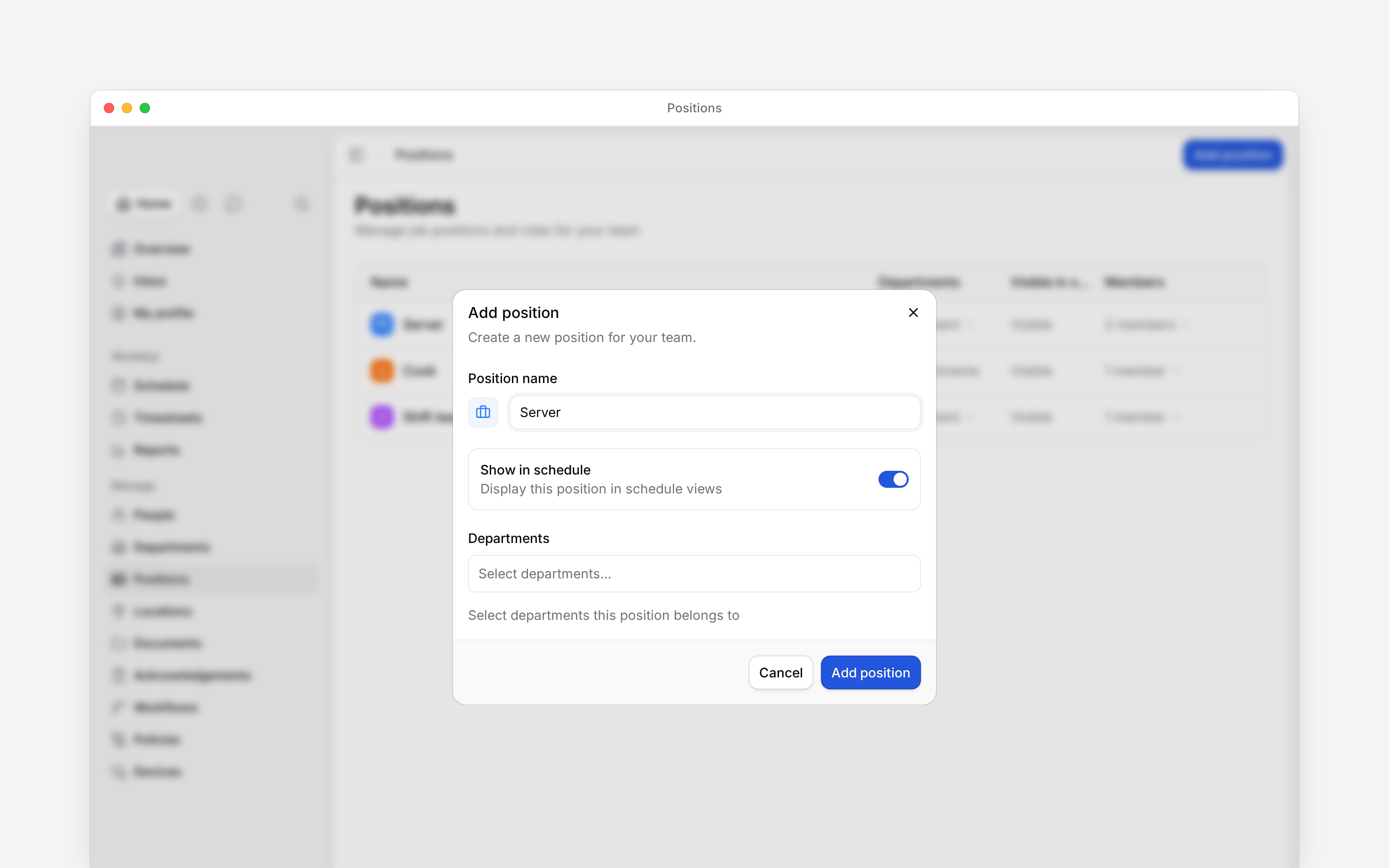The Add position dialog with Server entered, Show in schedule on and the Departments selector below