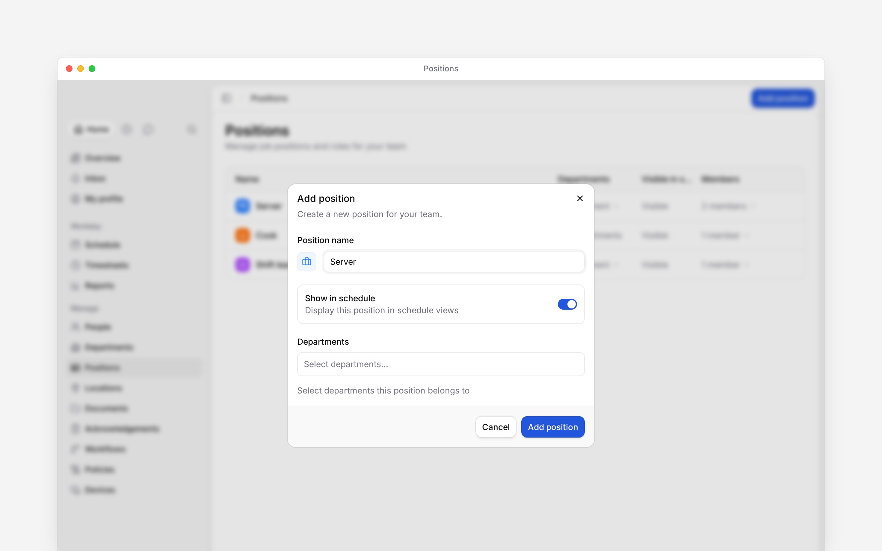 The Add position dialog with Server entered, Show in schedule on and the Departments selector below