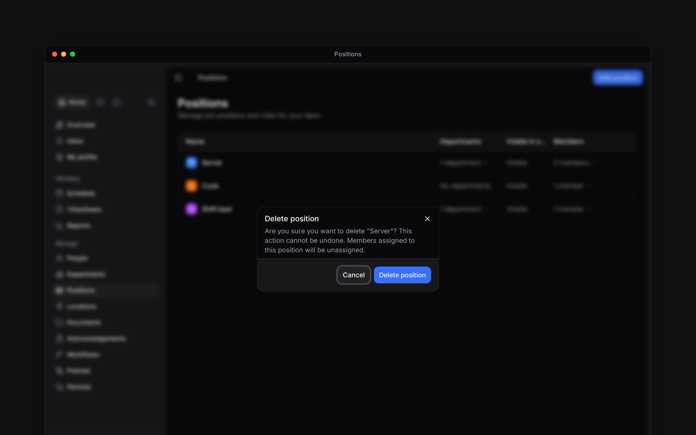 The Delete position dialog naming Server and warning that members will be unassigned