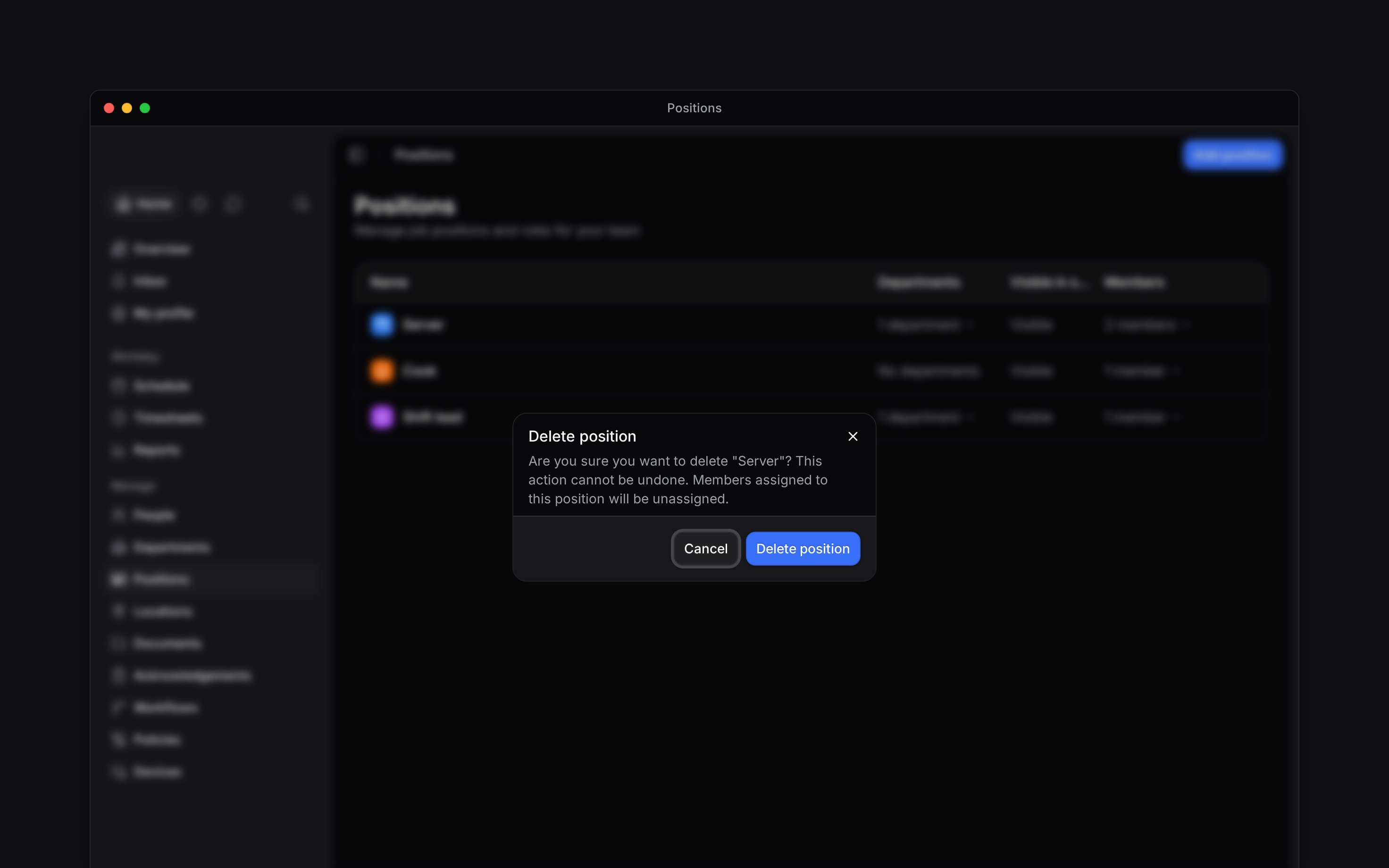 The Delete position dialog naming Server and warning that members will be unassigned