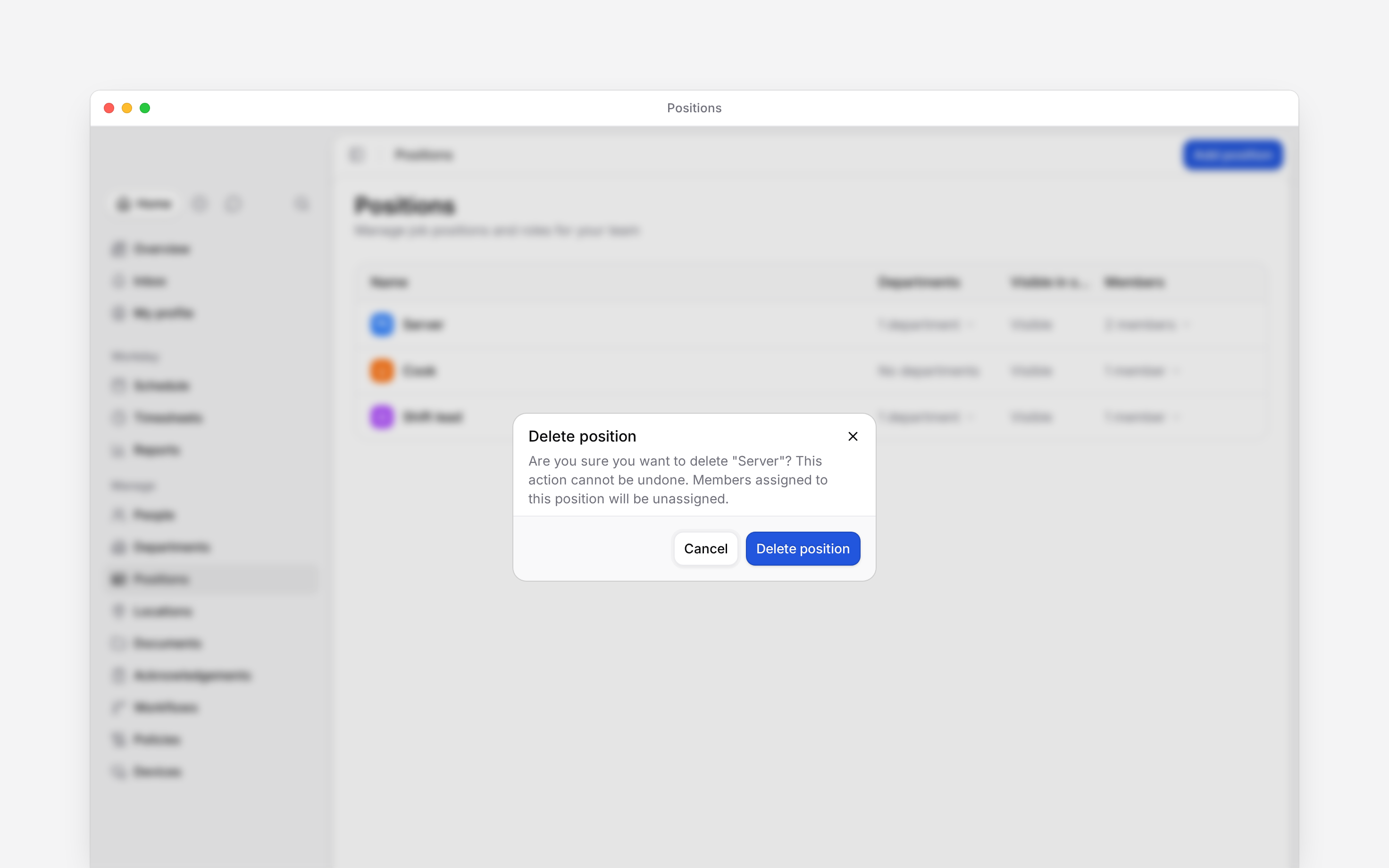The Delete position dialog naming Server and warning that members will be unassigned