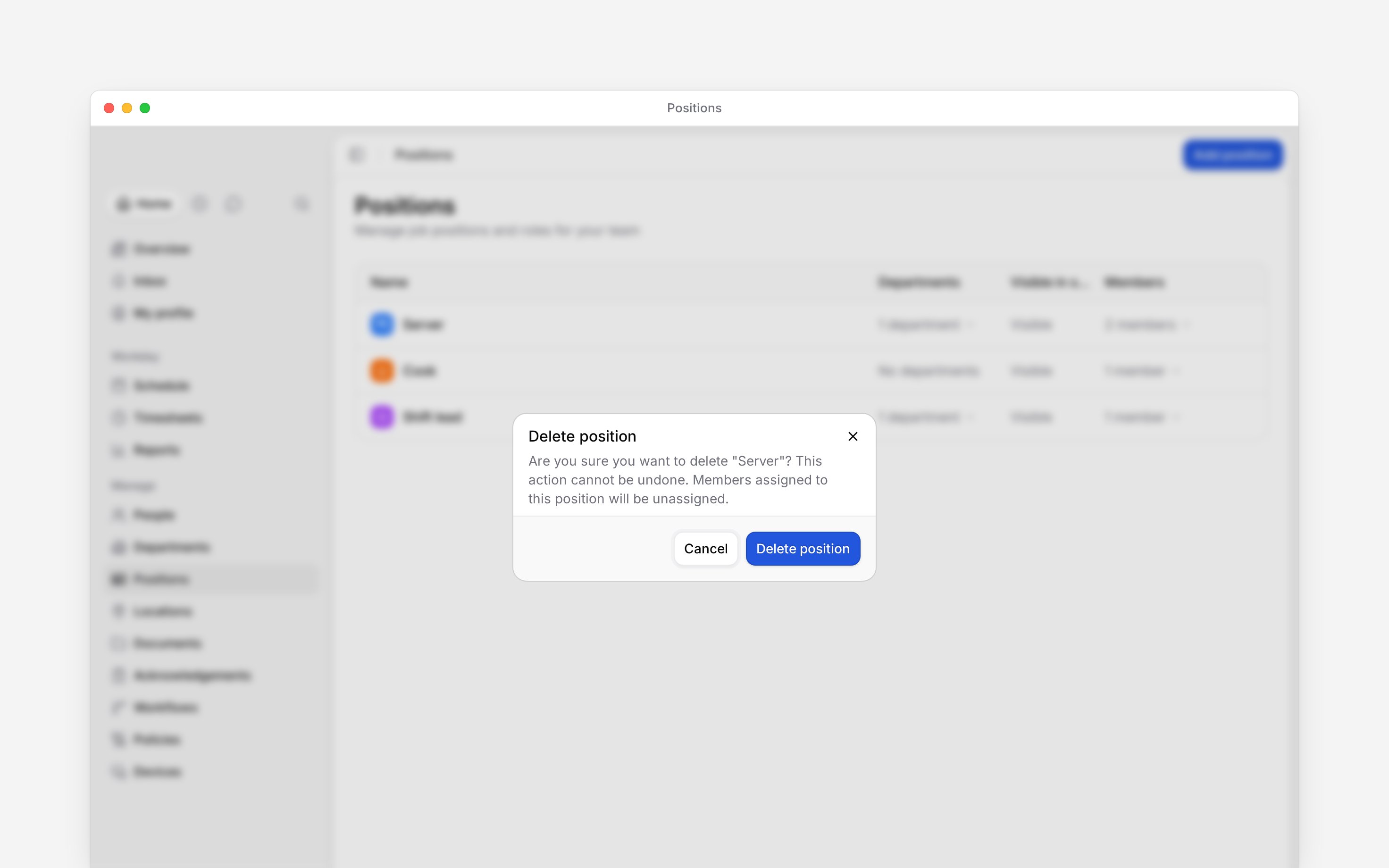 The Delete position dialog naming Server and warning that members will be unassigned