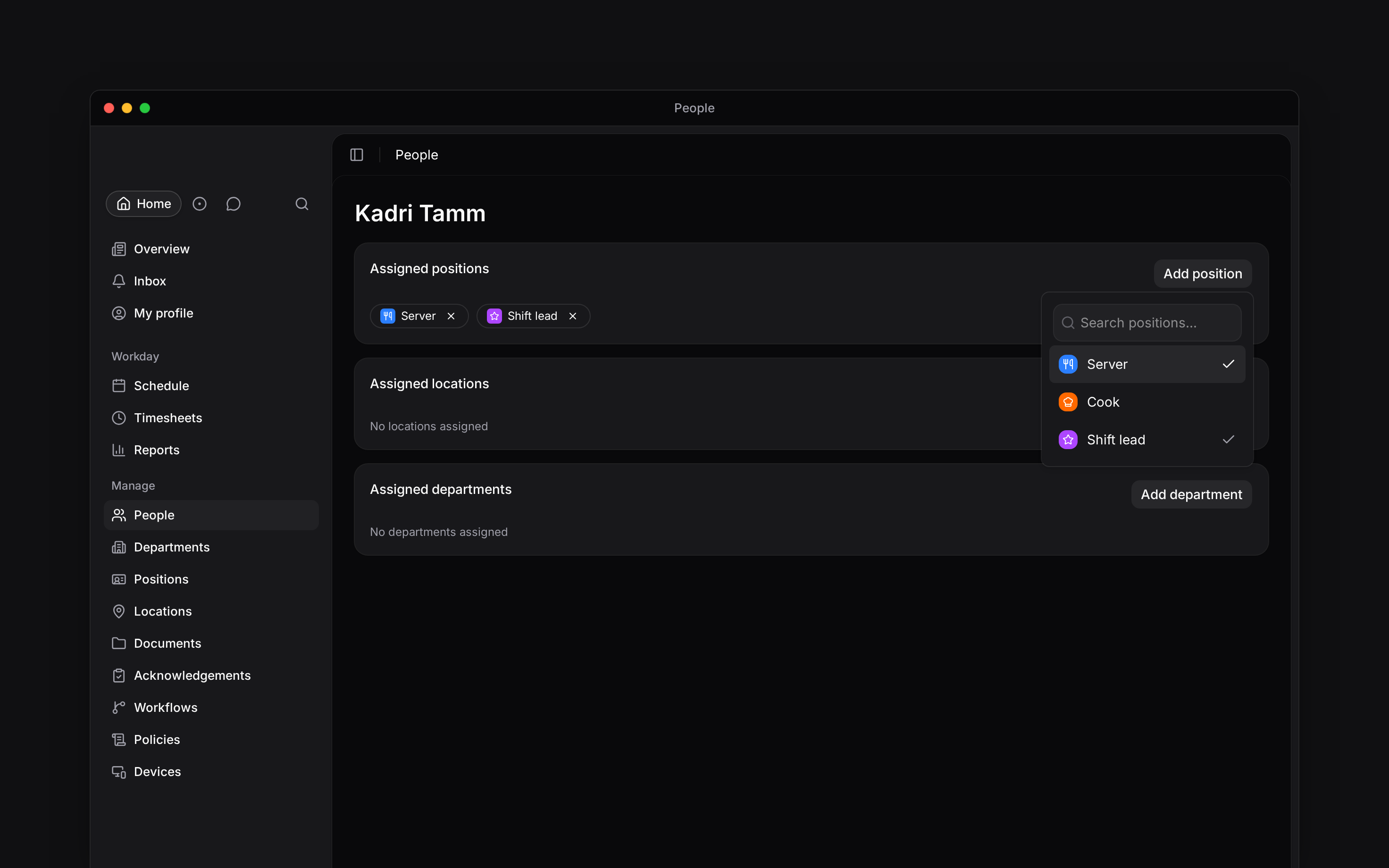 Kadri Tamm’s Assigned positions card with the position picker open and Server and Shift lead selected