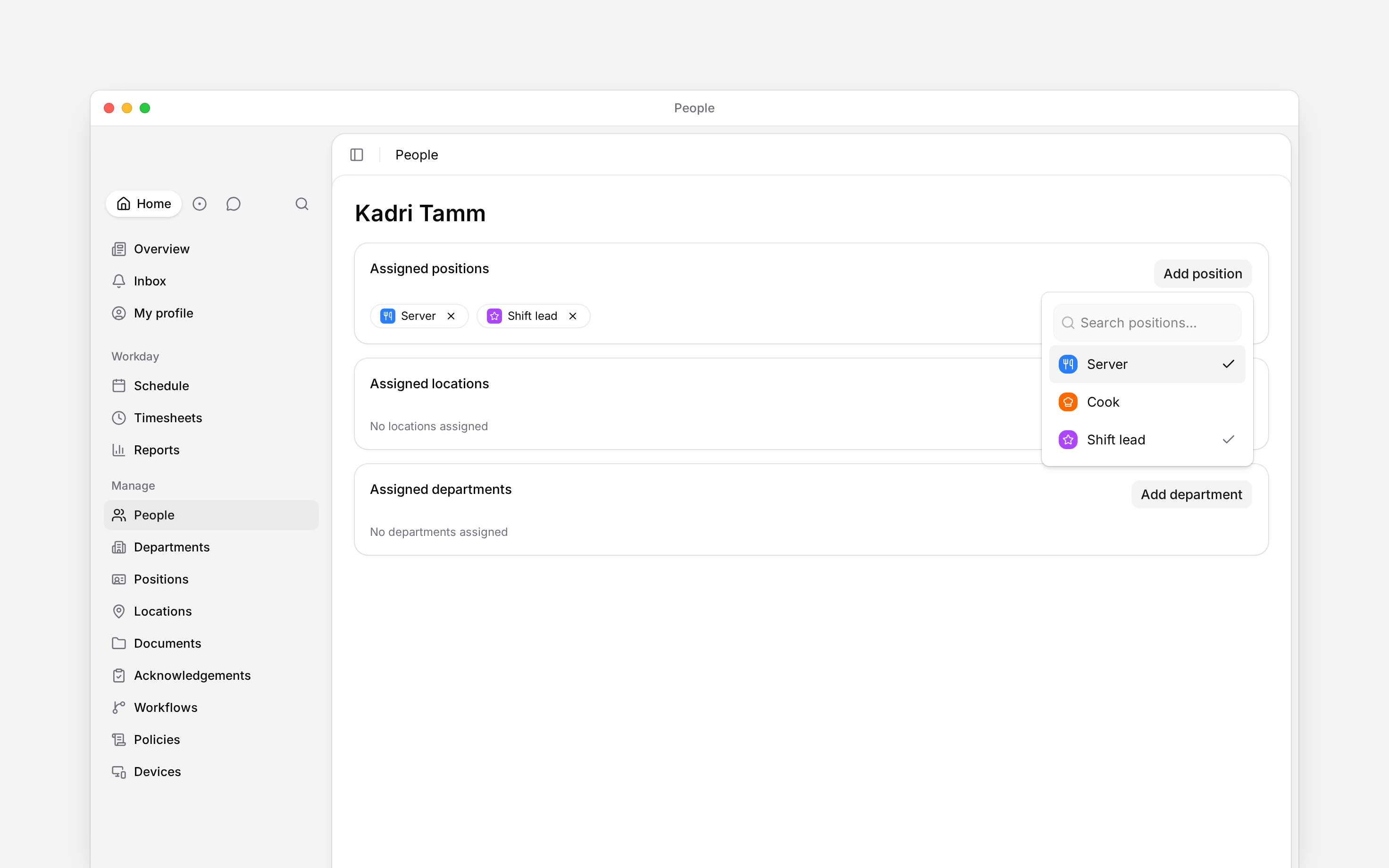Kadri Tamm’s Assigned positions card with the position picker open and Server and Shift lead selected