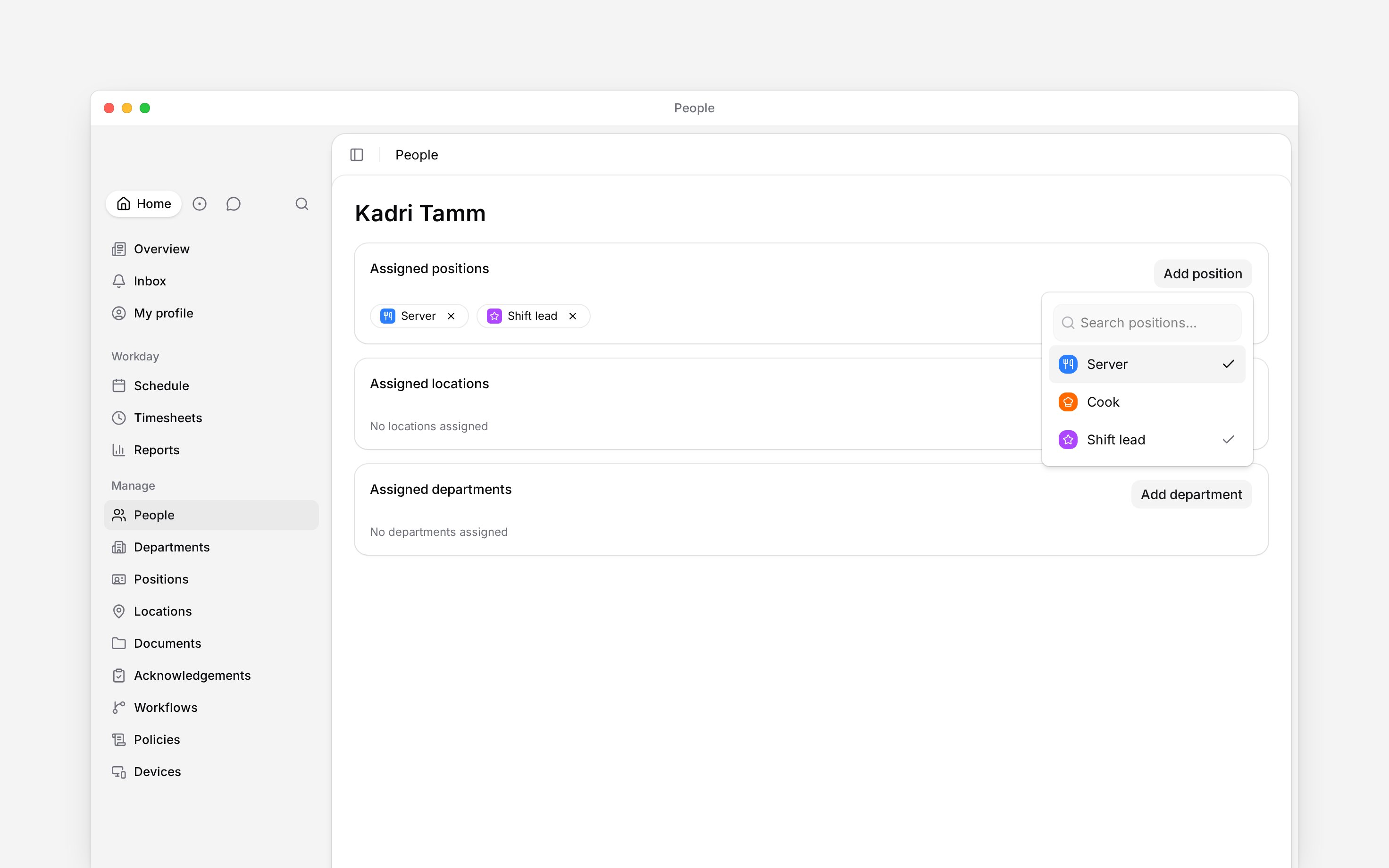 Kadri Tamm’s Assigned positions card with the position picker open and Server and Shift lead selected