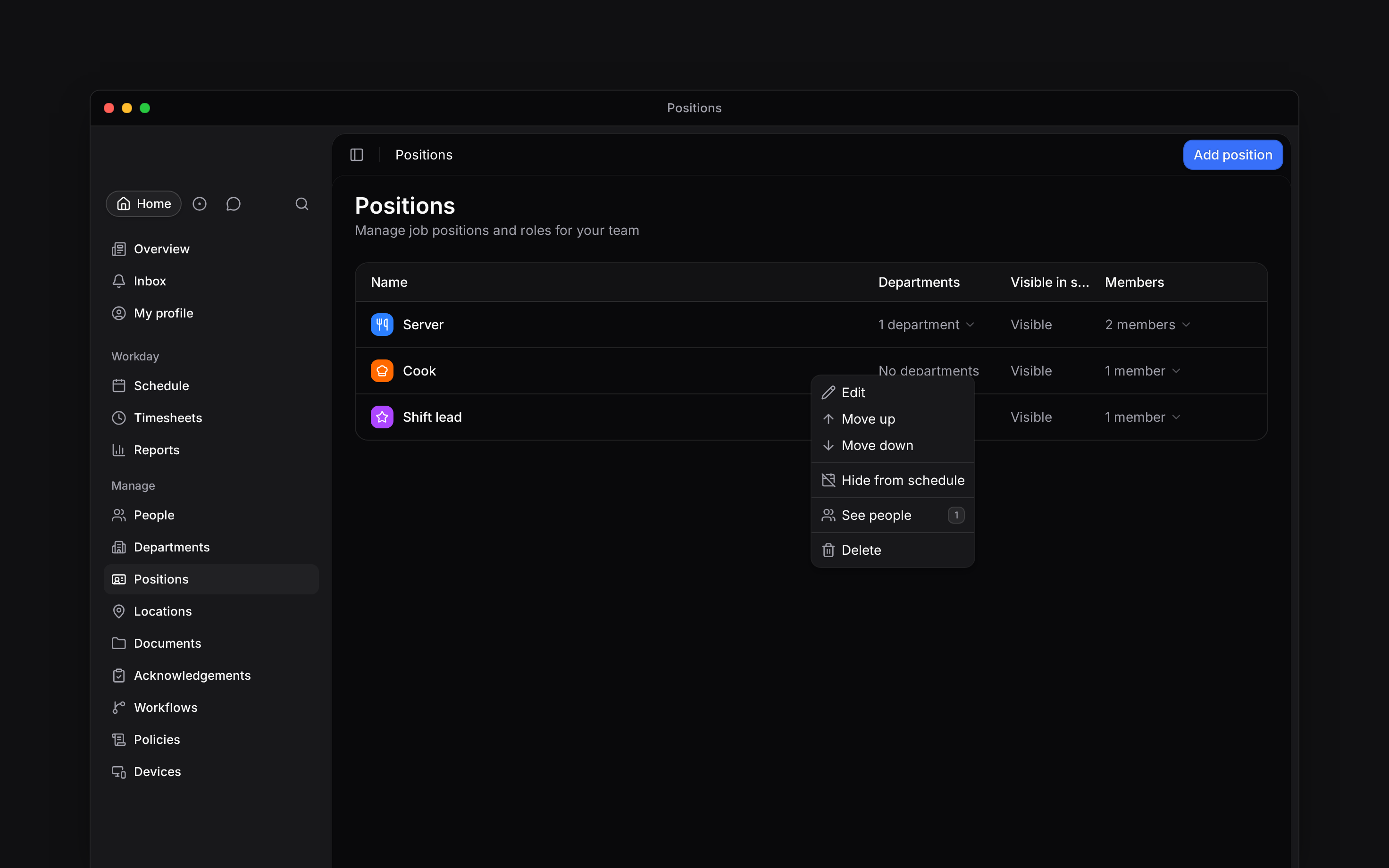The Positions list with a position’s action menu open, including Edit, Move up, Move down and See people