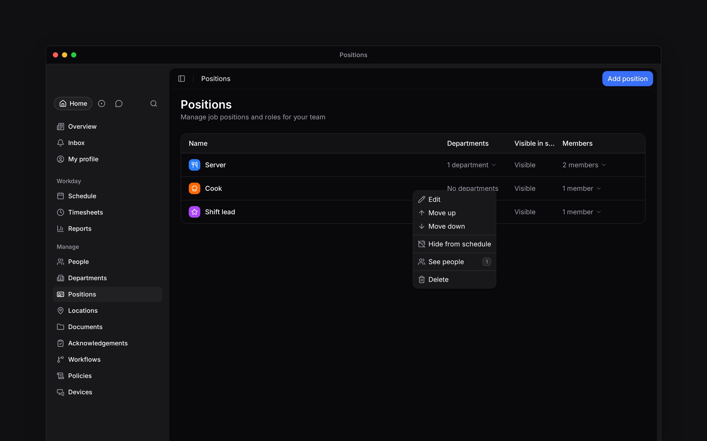 The Positions list with a position’s action menu open, including Edit, Move up, Move down and See people