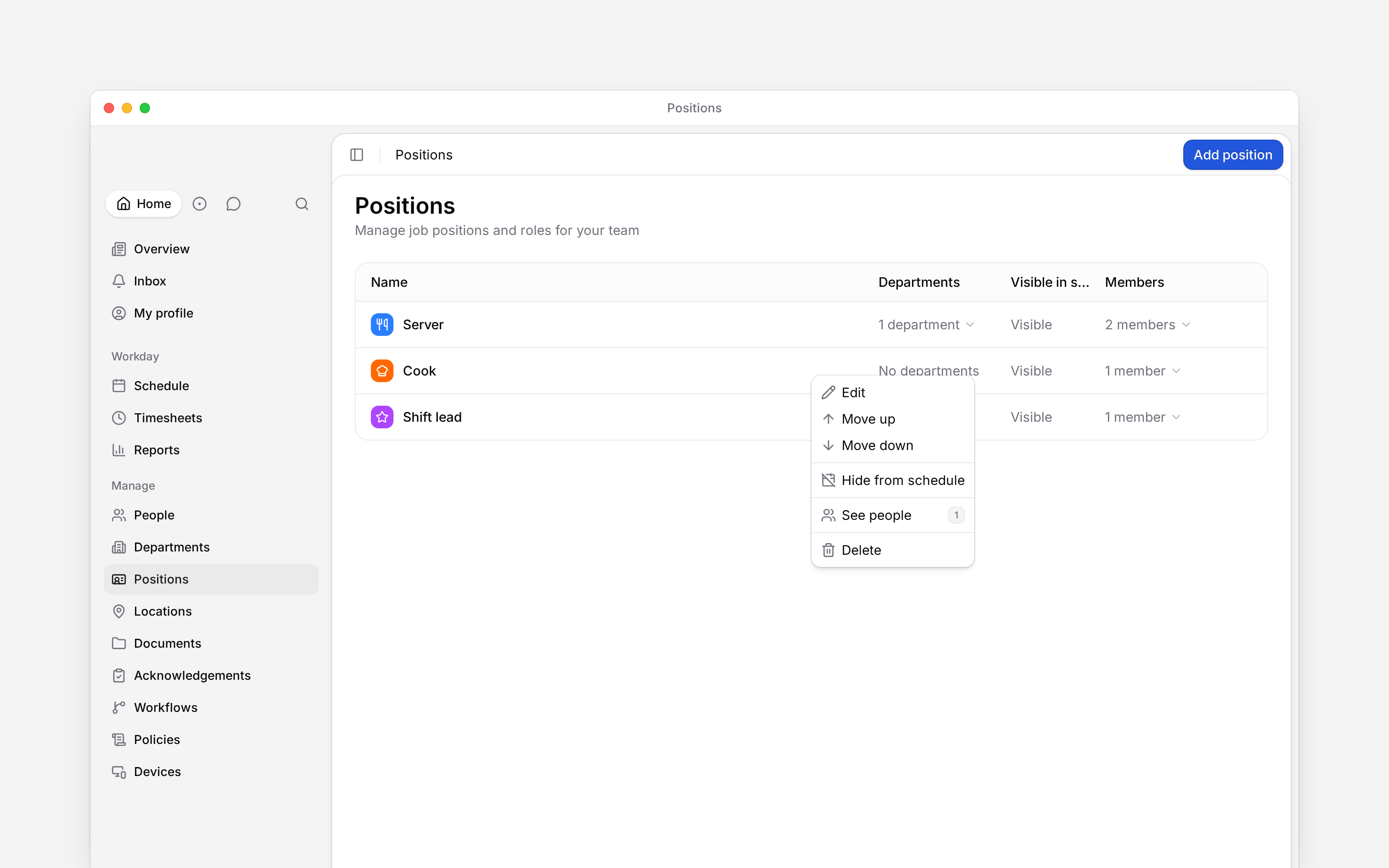 The Positions list with a position’s action menu open, including Edit, Move up, Move down and See people
