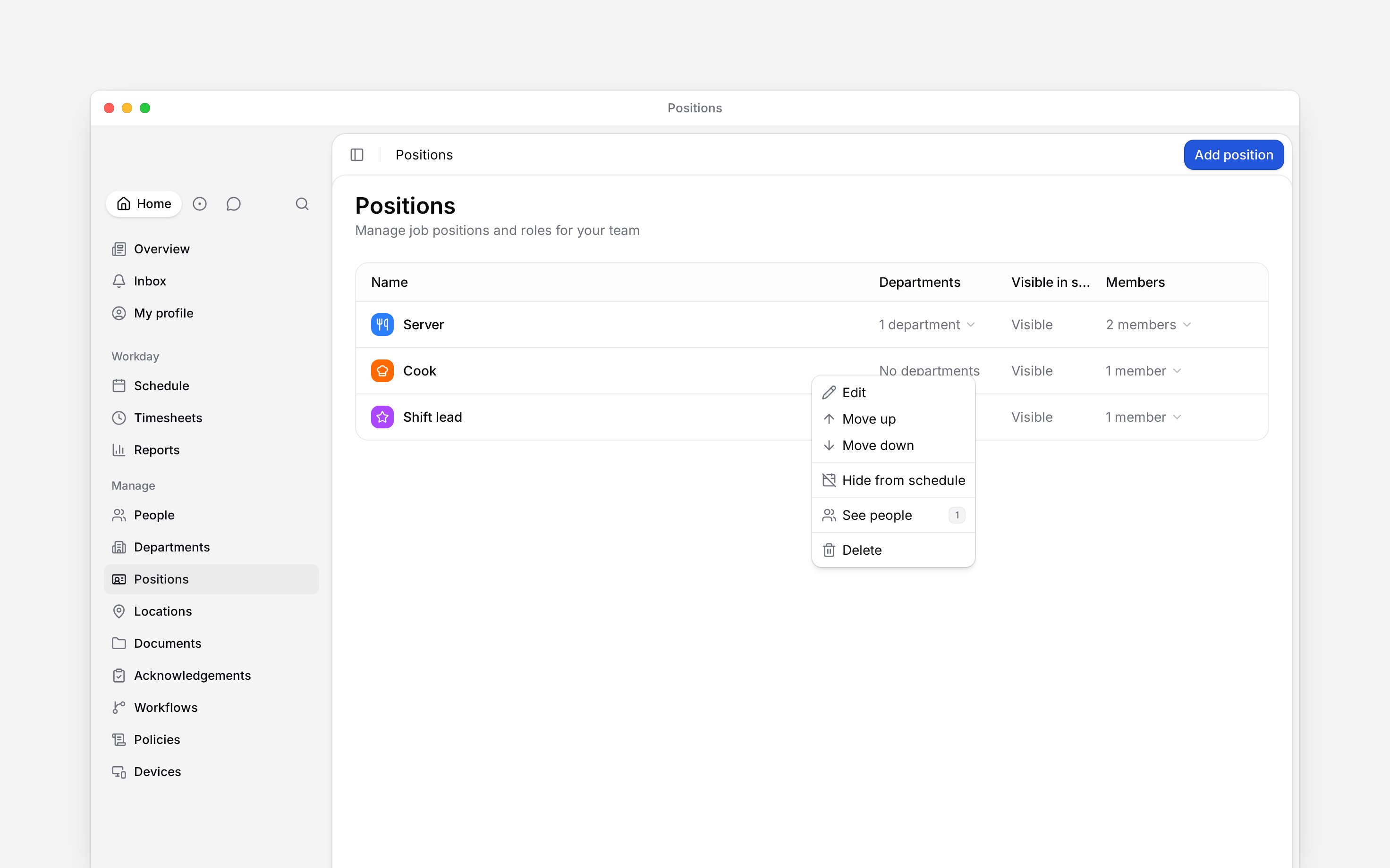 The Positions list with a position’s action menu open, including Edit, Move up, Move down and See people