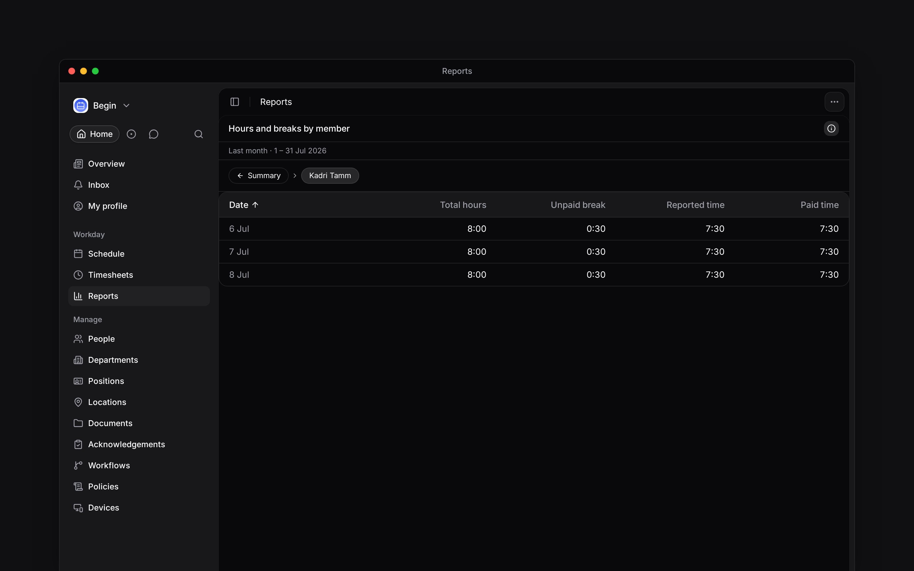 A person’s daily rows with paid hours in a report