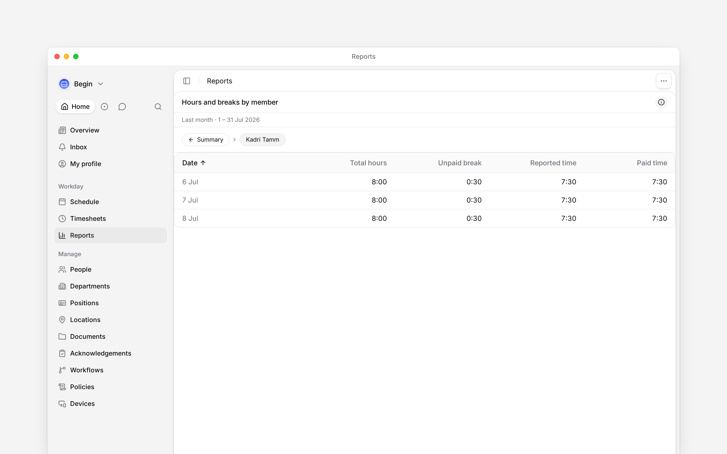A person’s daily rows with paid hours in a report