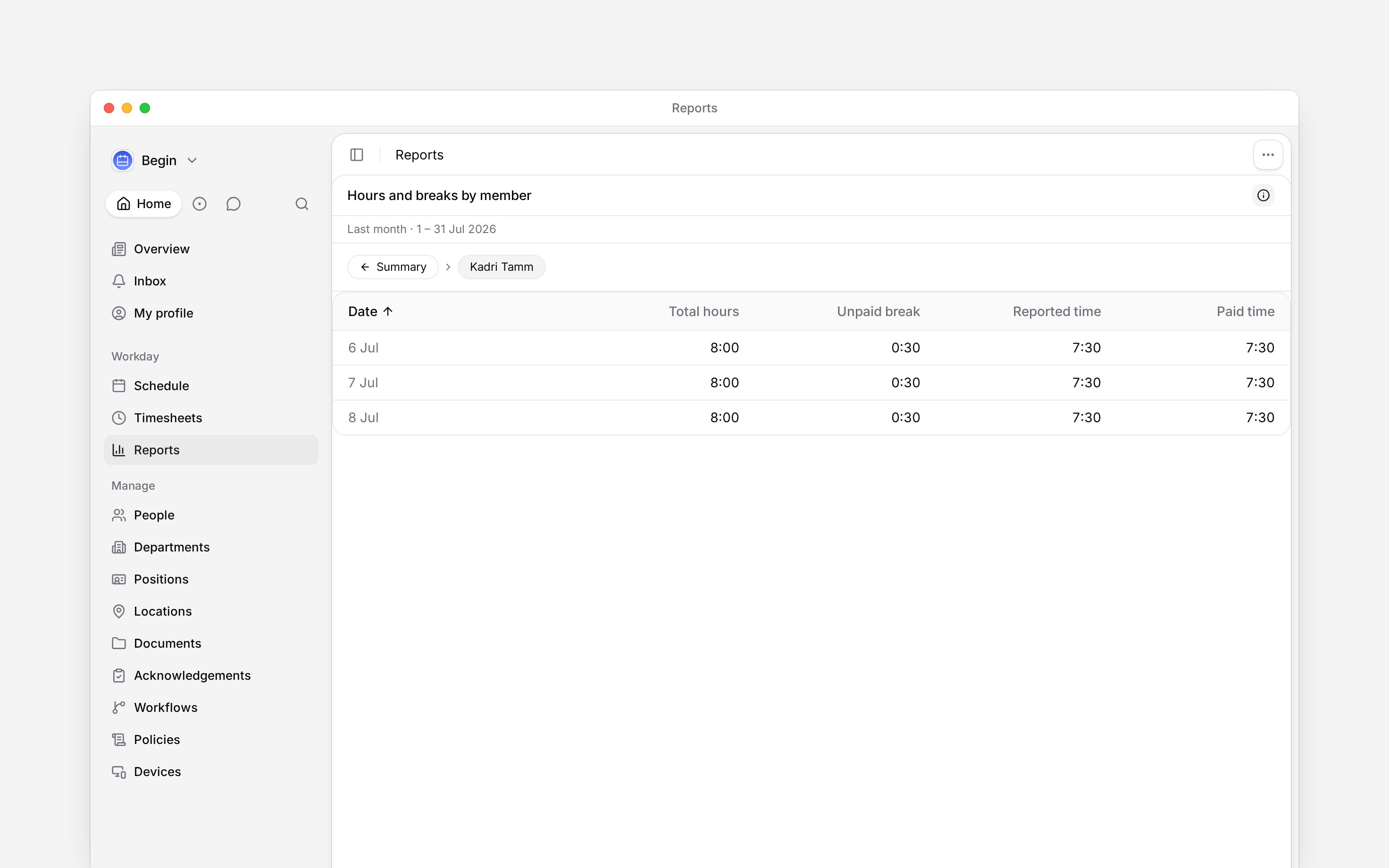 A person’s daily rows with paid hours in a report