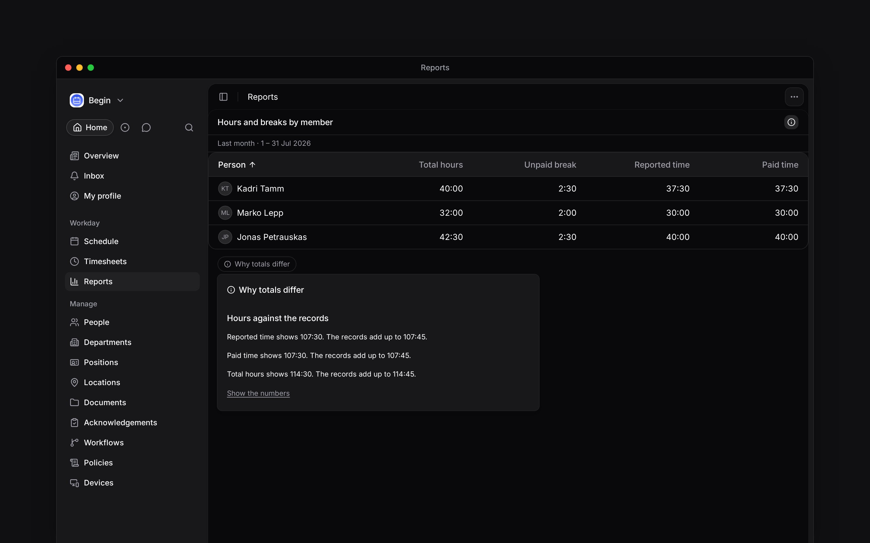 The Info panel open beside a report table, showing the totals comparison