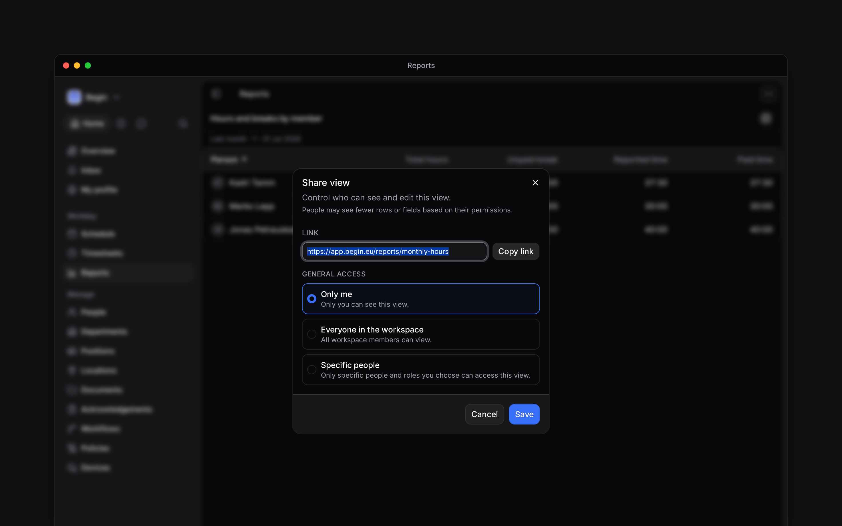 The Share view dialog with its three general-access choices