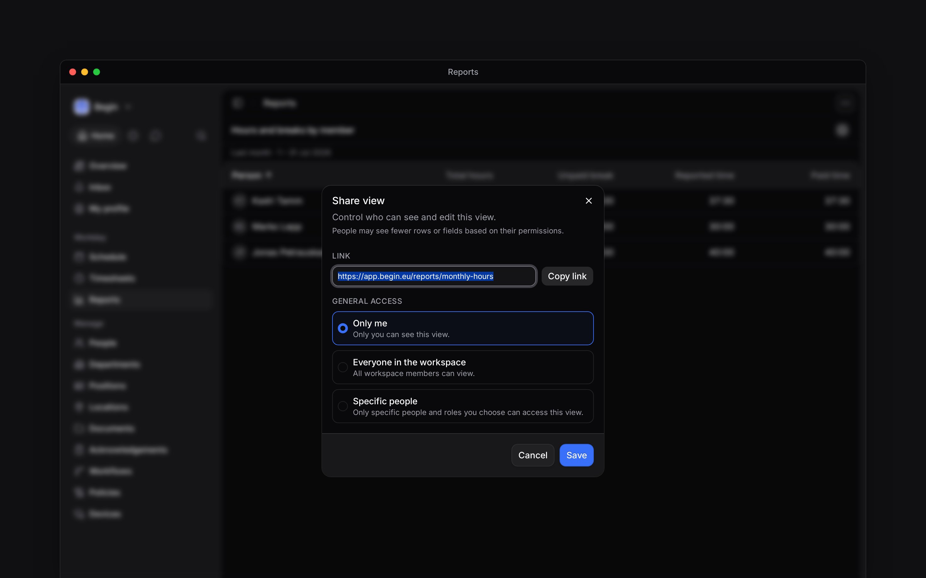 The Share view dialog with its three general-access choices