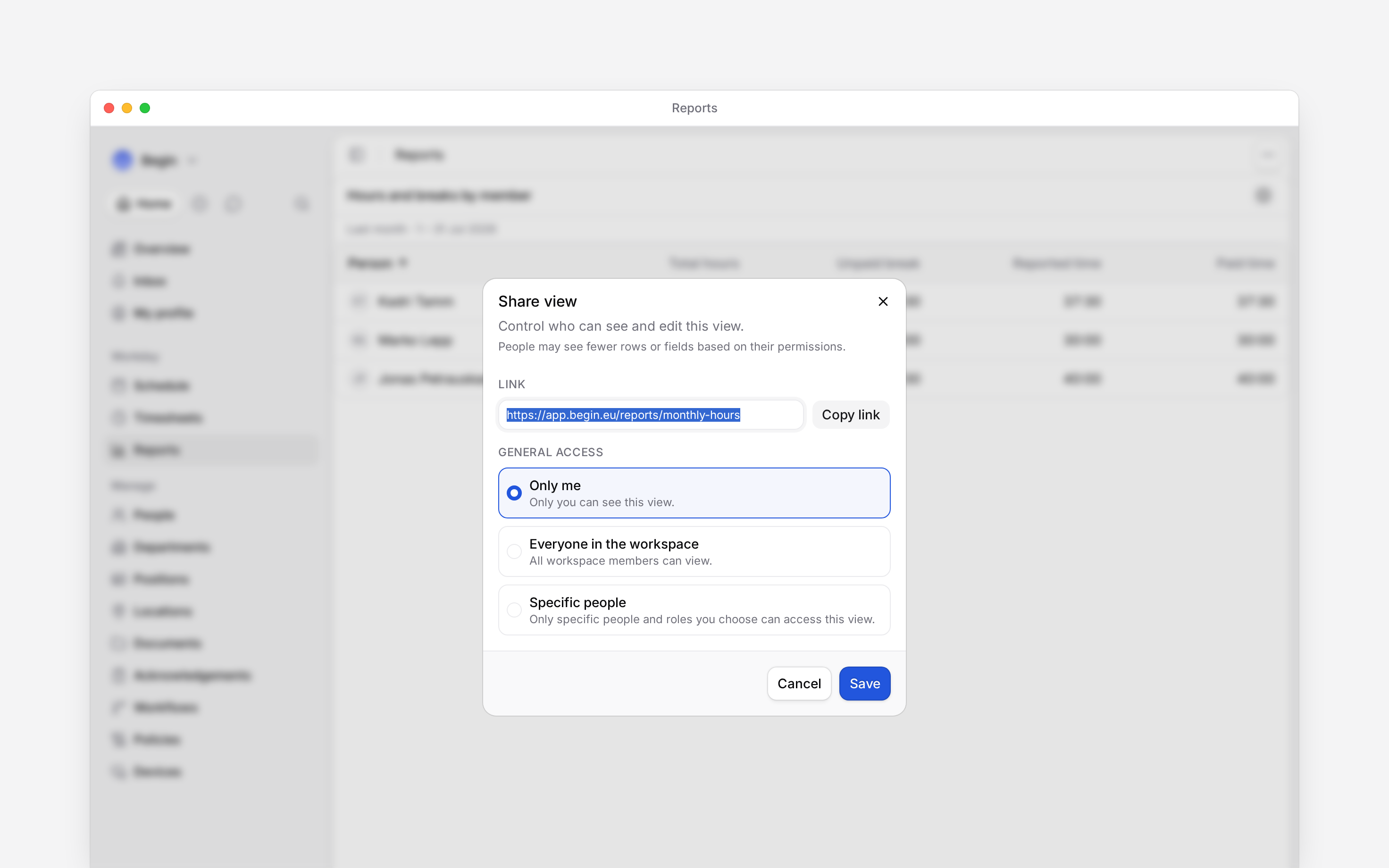 The Share view dialog with its three general-access choices