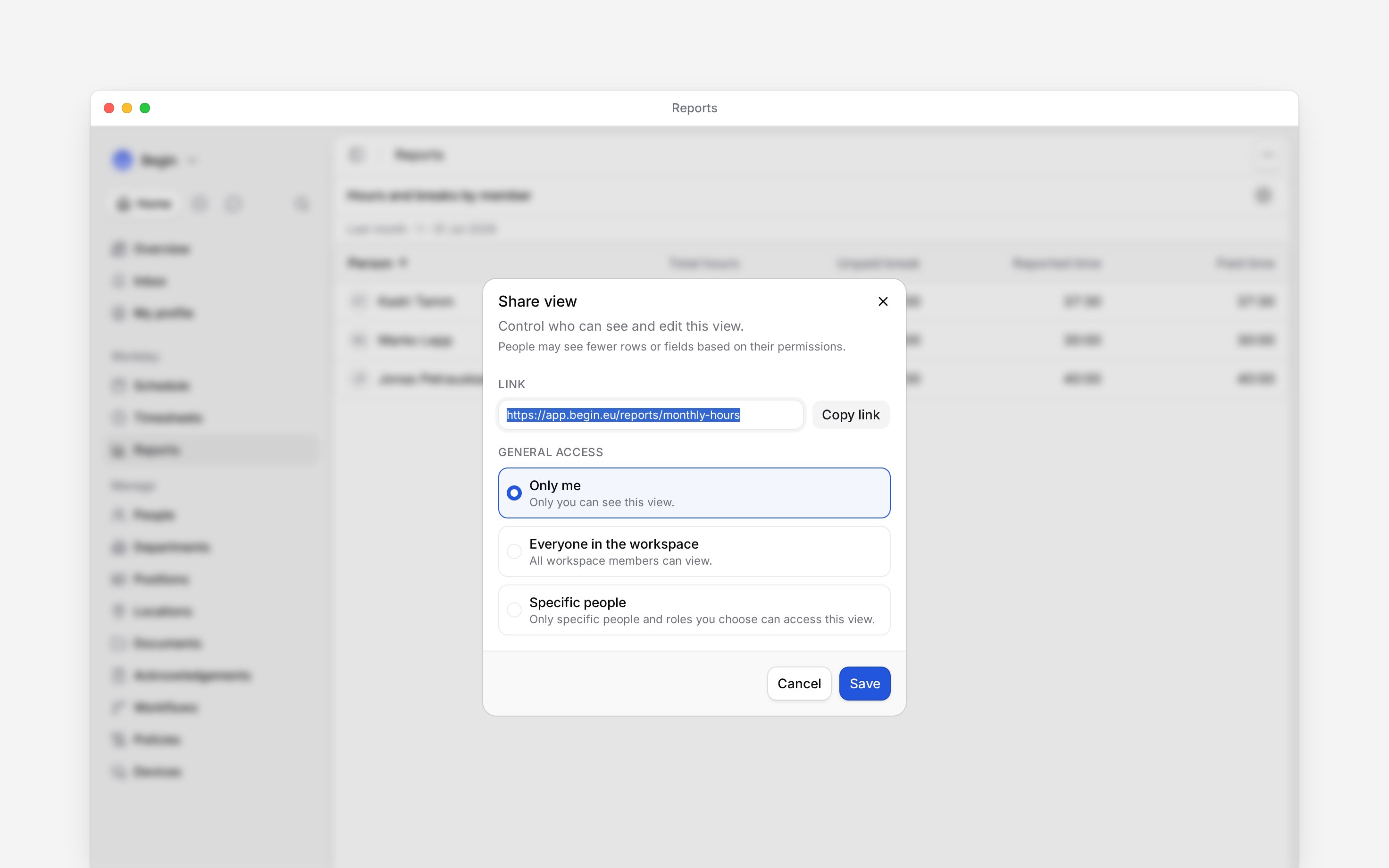 The Share view dialog with its three general-access choices