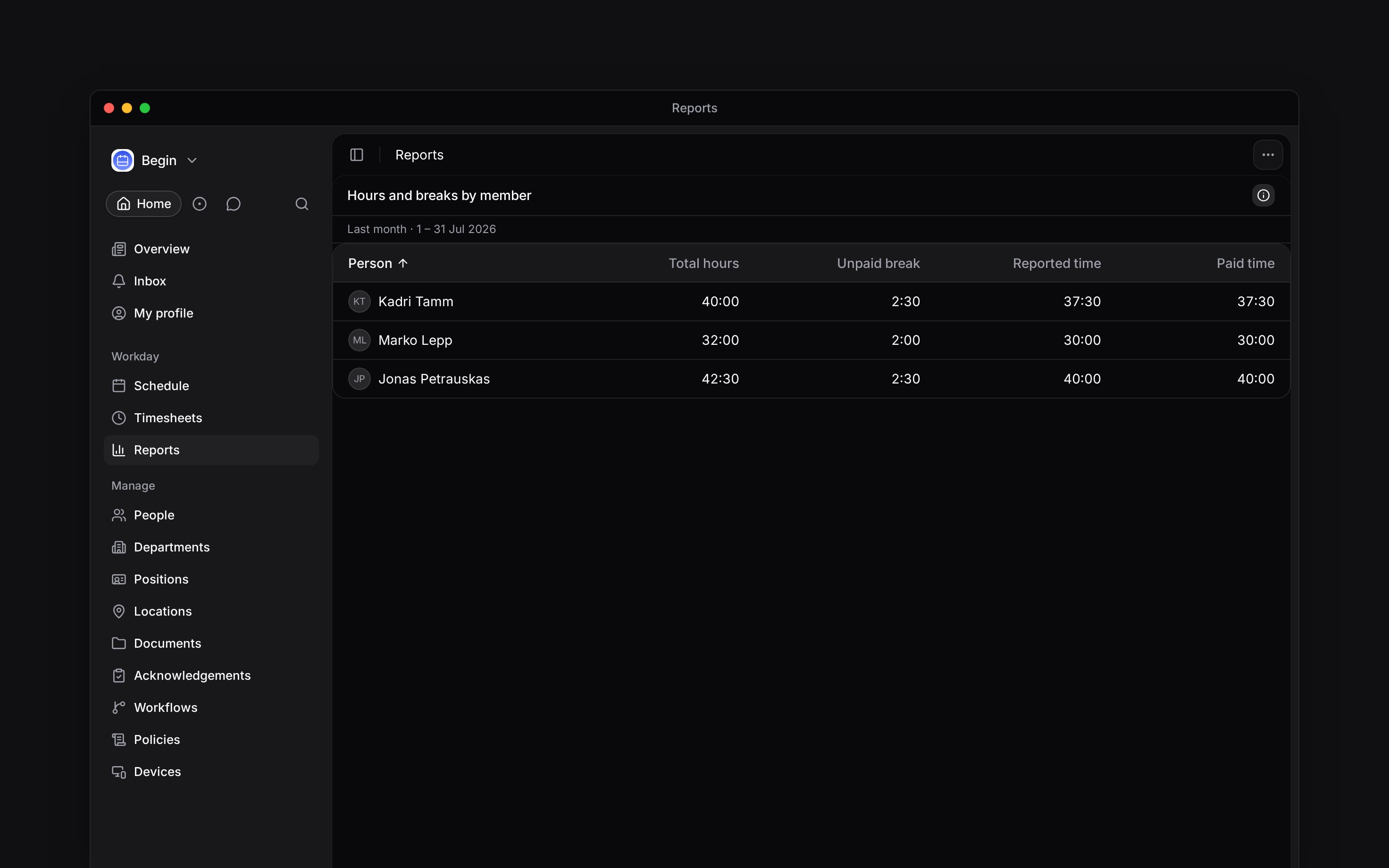 A report grouped by person, with reported time, paid time and total hours