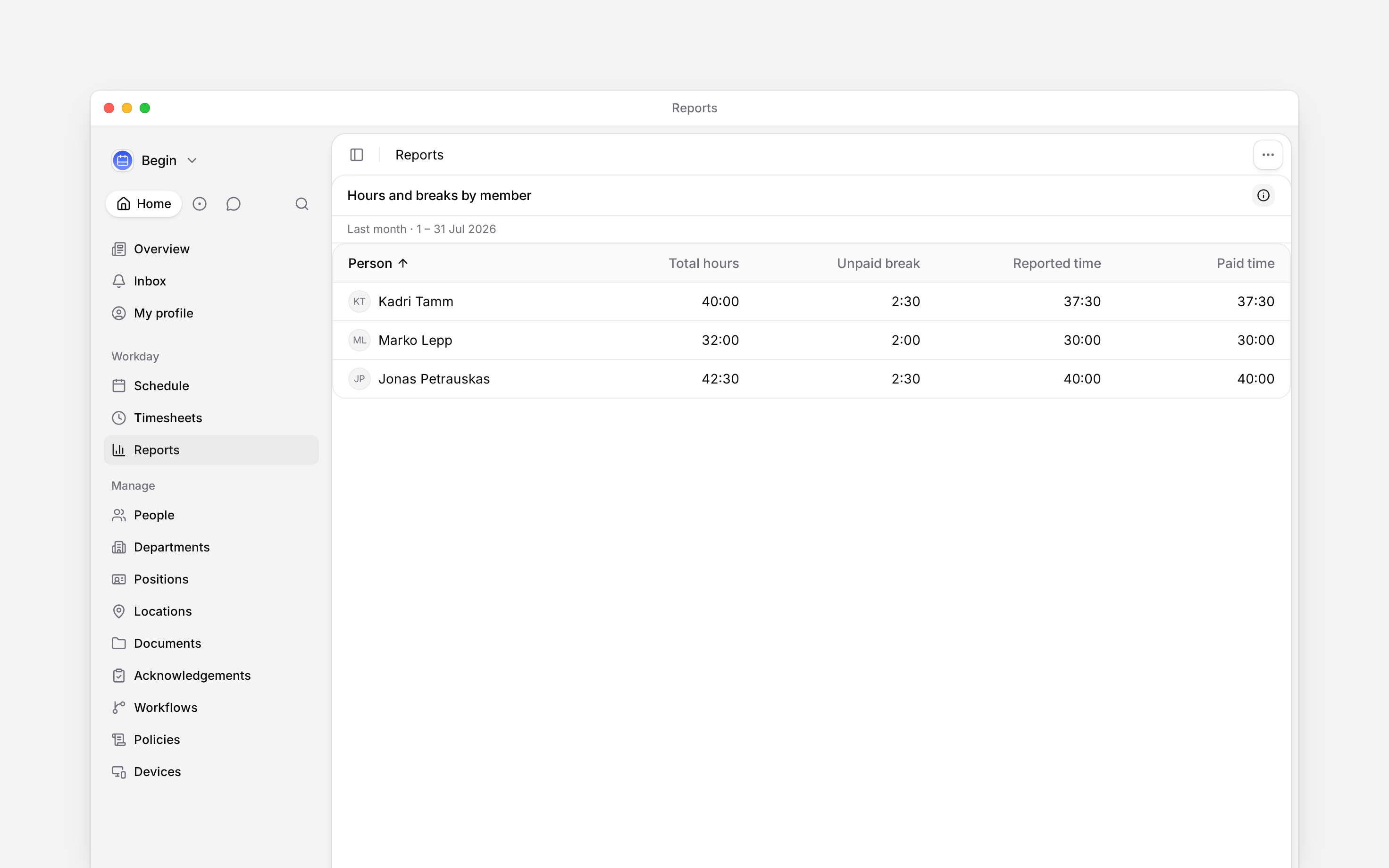 A report grouped by person, with reported time, paid time and total hours