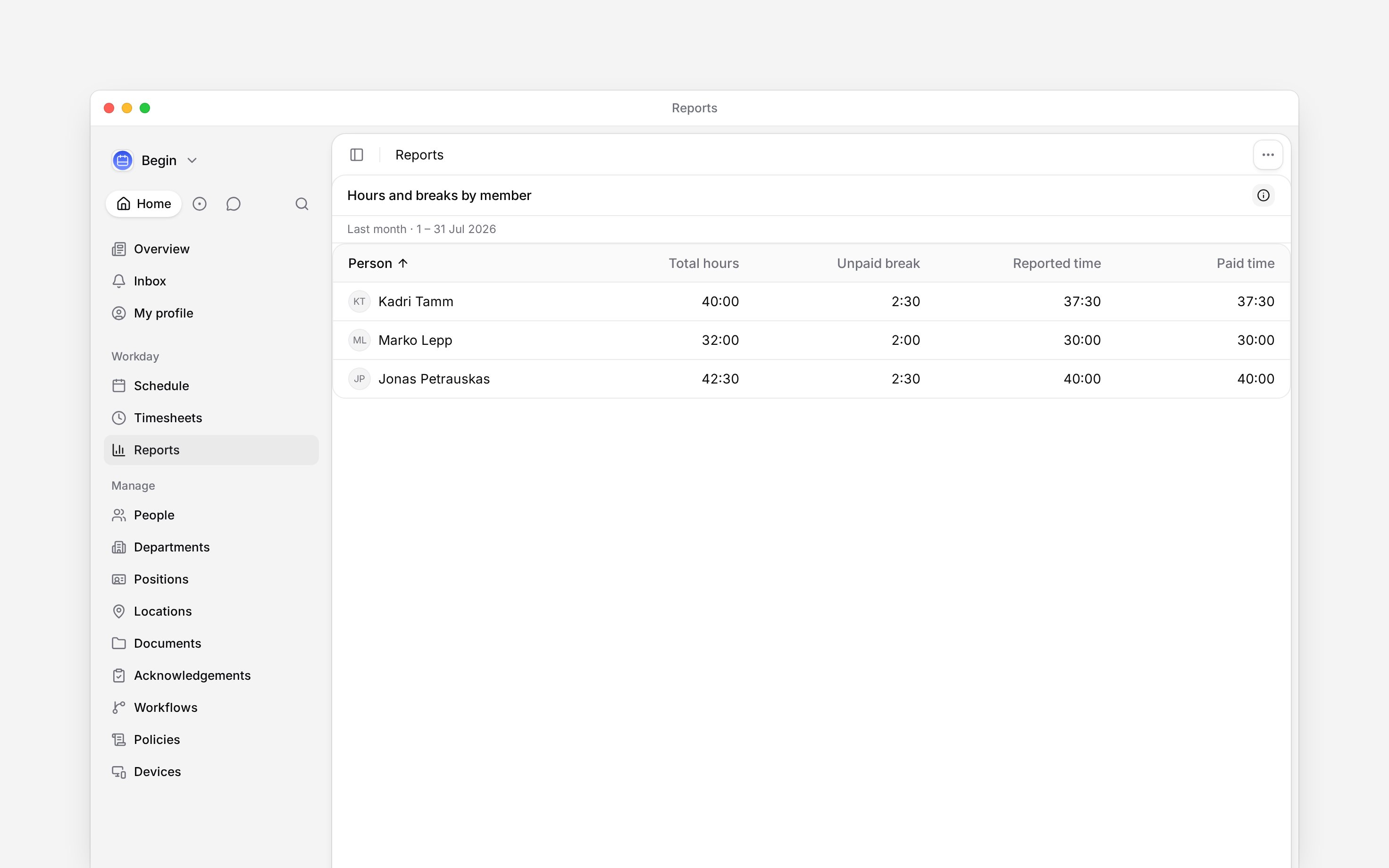 A report grouped by person, with reported time, paid time and total hours